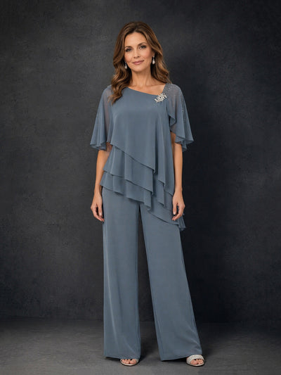 BOLODOO Dusty Blue Chiffon Tiered Flutter Sleeve Top & Wide-Leg Pants Suit – Mother of the Bride Outfit
