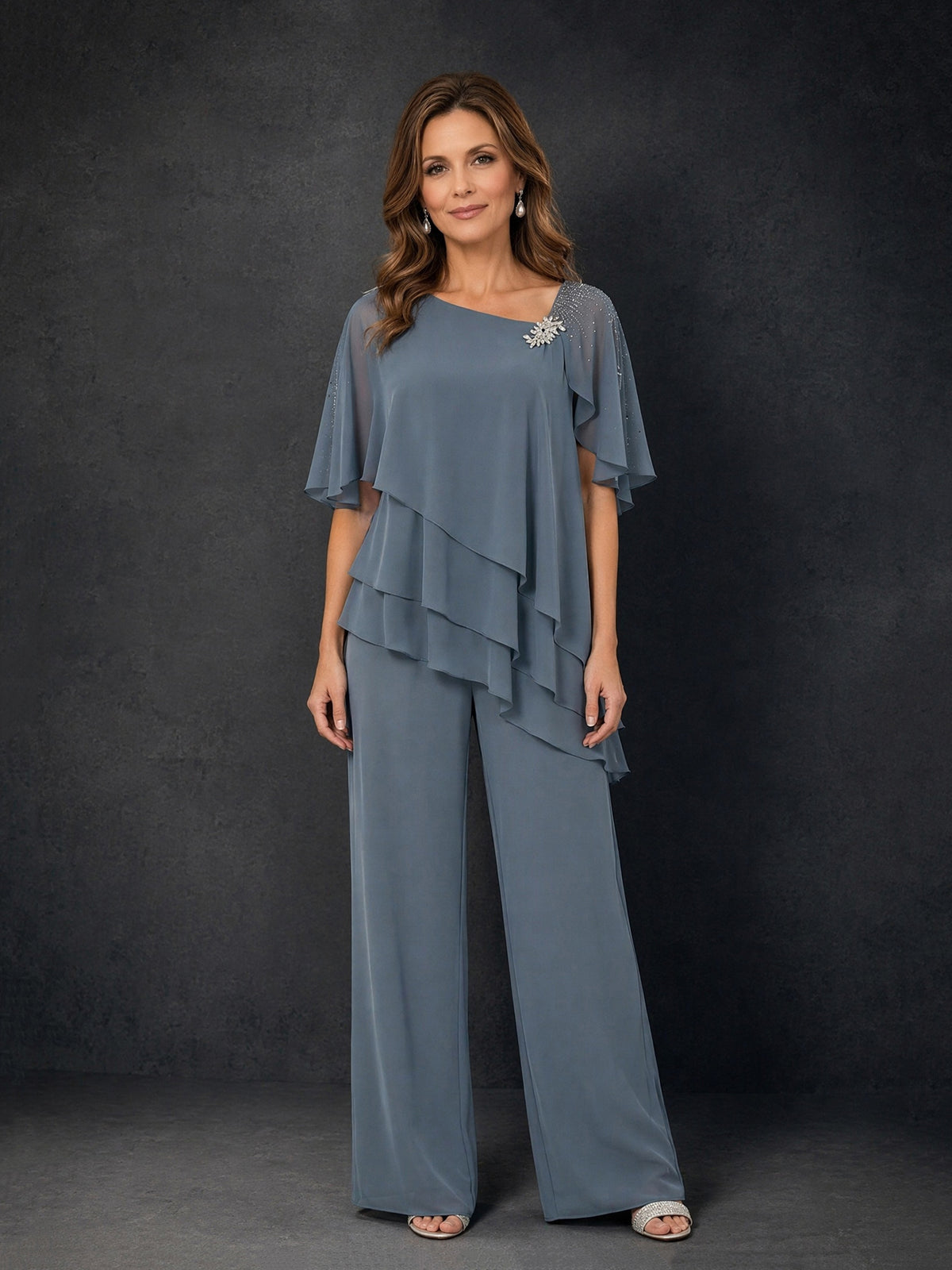 BOLODOO Dusty Blue Chiffon Tiered Flutter Sleeve Top & Wide-Leg Pants Suit – Mother of the Bride Outfit