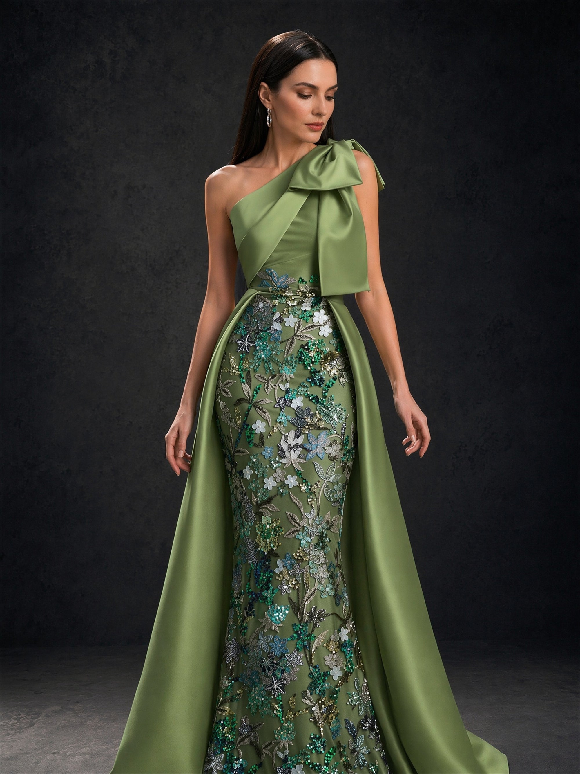BOLODOO Olive Green One-Shoulder Bow Sequin Mermaid Dress – Front View with Overskirt Detail