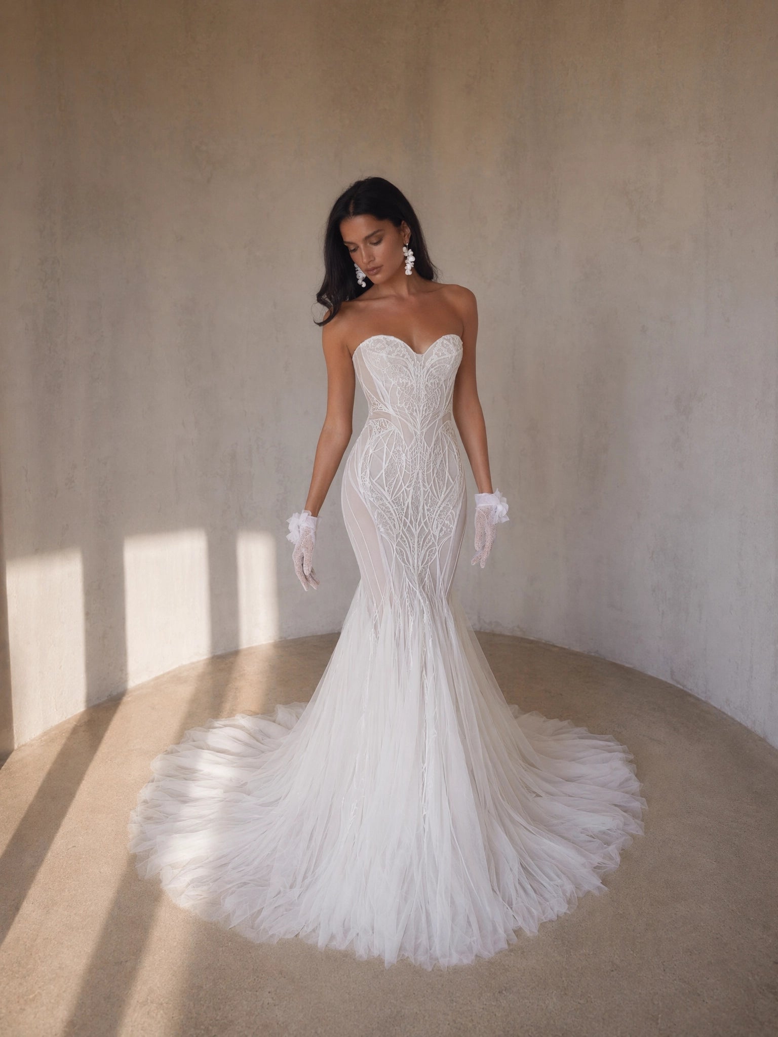 BOLODOO Ivory Strapless Sweetheart All-Over Branch Embroidered Tulle Mermaid Wedding Gown - front view 2 with train and gloves
