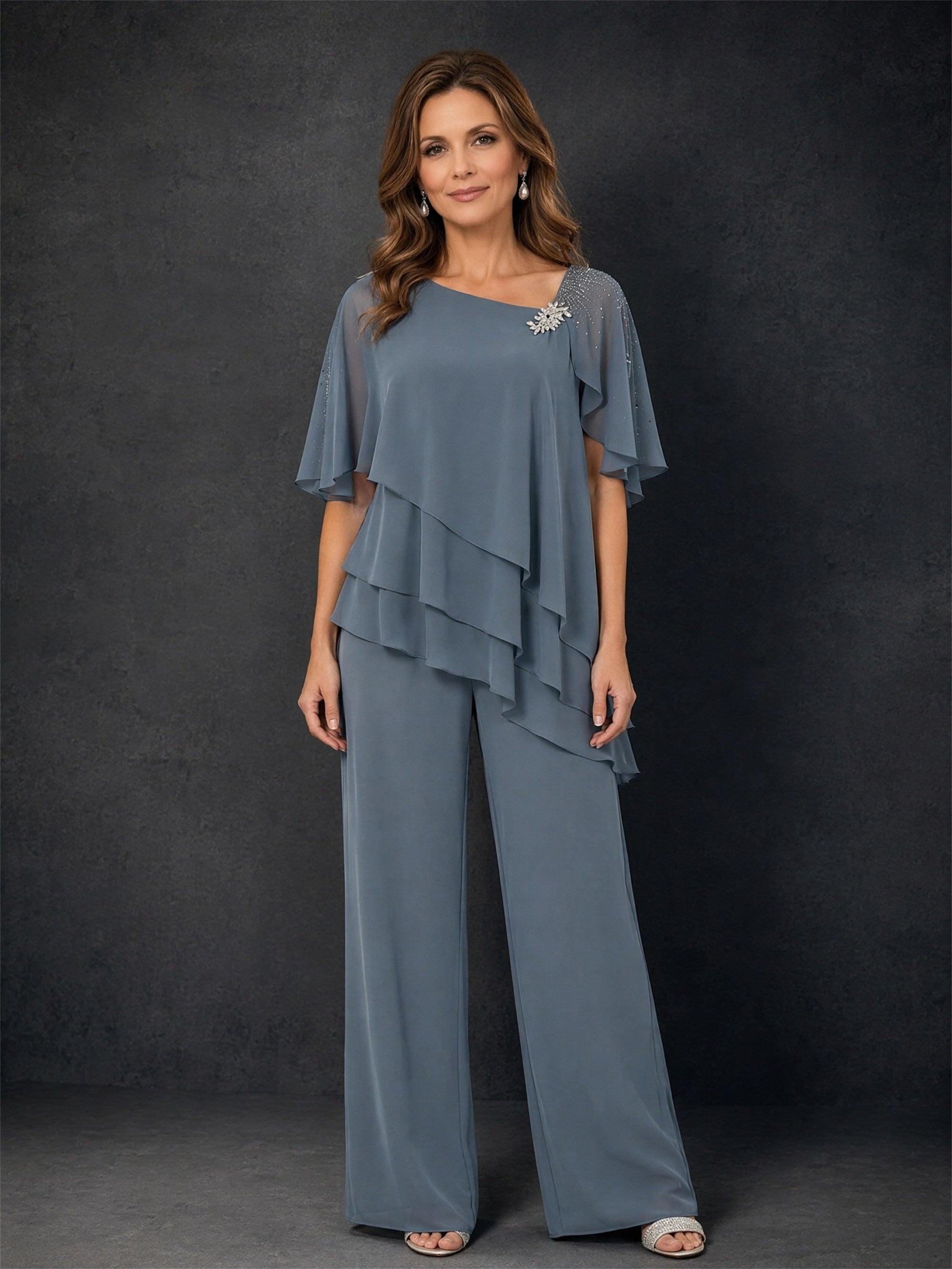 BOLODOO steel blue chiffon tiered flutter sleeve pant suit - front full length smiling pose