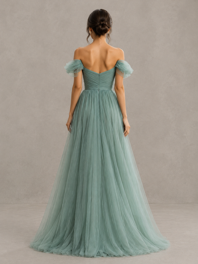 BOLODOO Sage Green Off-the-Shoulder Ruffle Sleeve A-Line Bridesmaid Dress 