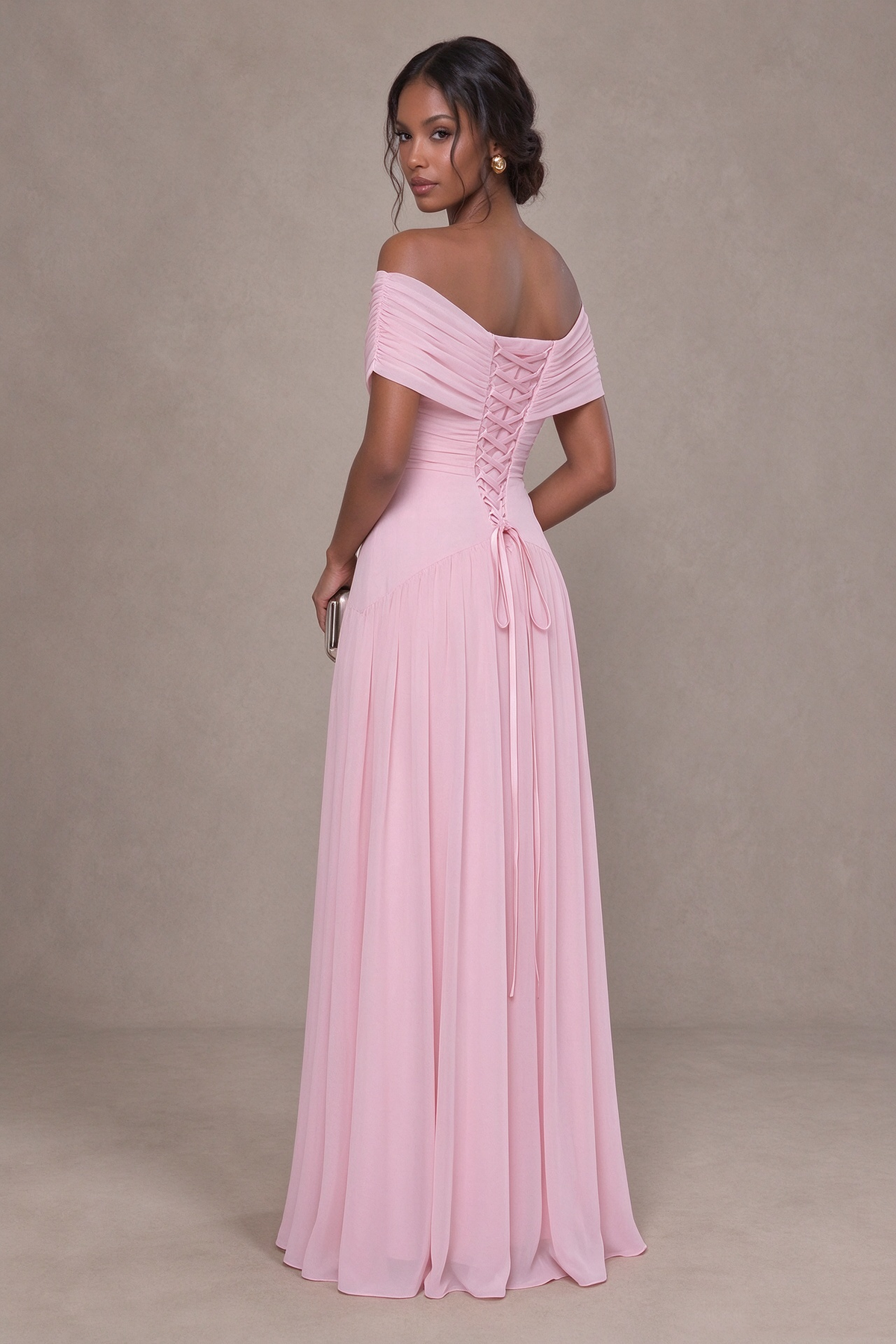 BOLODOO Blush Pink Off-Shoulder Ruched A-Line Bridesmaid Dress 