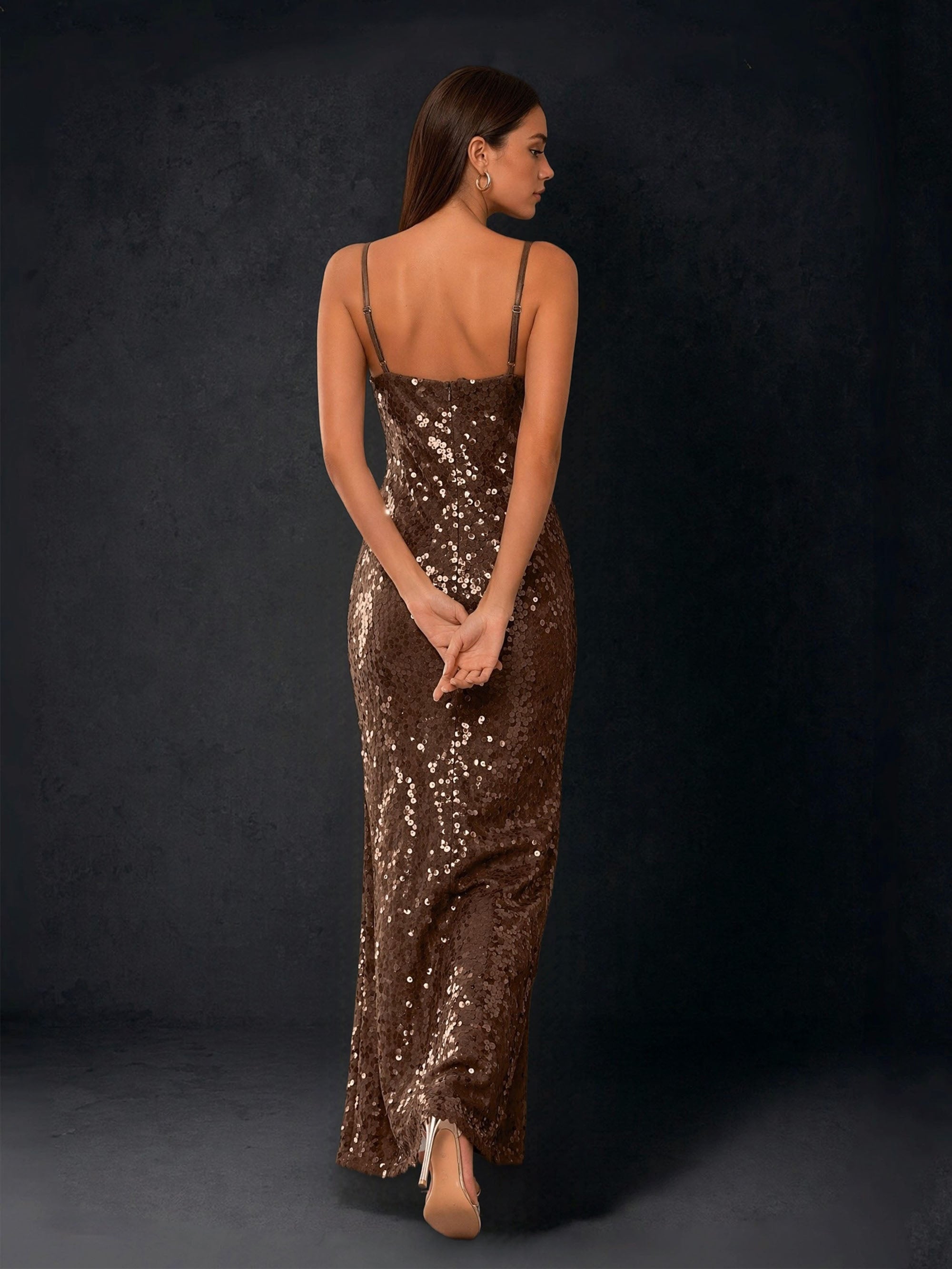 BOLODOO Bronze Sequin Cowl Neck Spaghetti Strap Mermaid Maxi Dress - Front Full Length Looking Away View