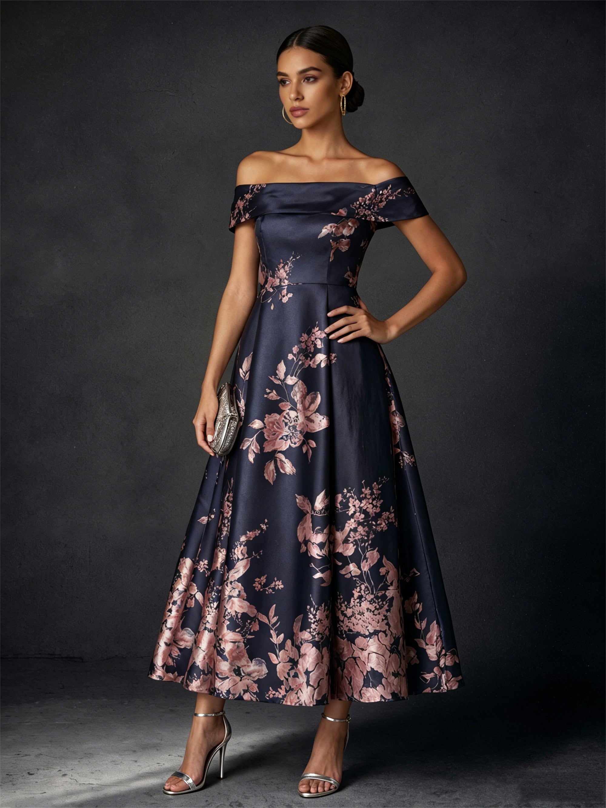 BOLODOO navy jacquard midi dress - front three-quarter view with silver clutch showing structured bodice and full skirt