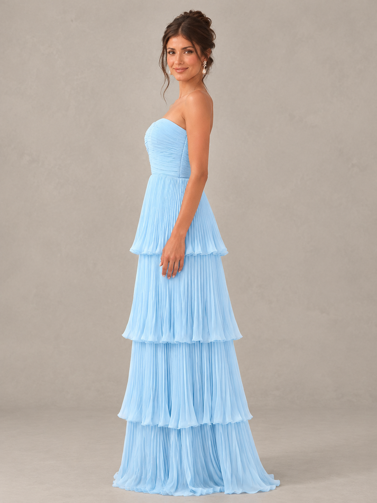 BOLODOO Light Blue Strapless Tiered Pleated Bridesmaid Dress 