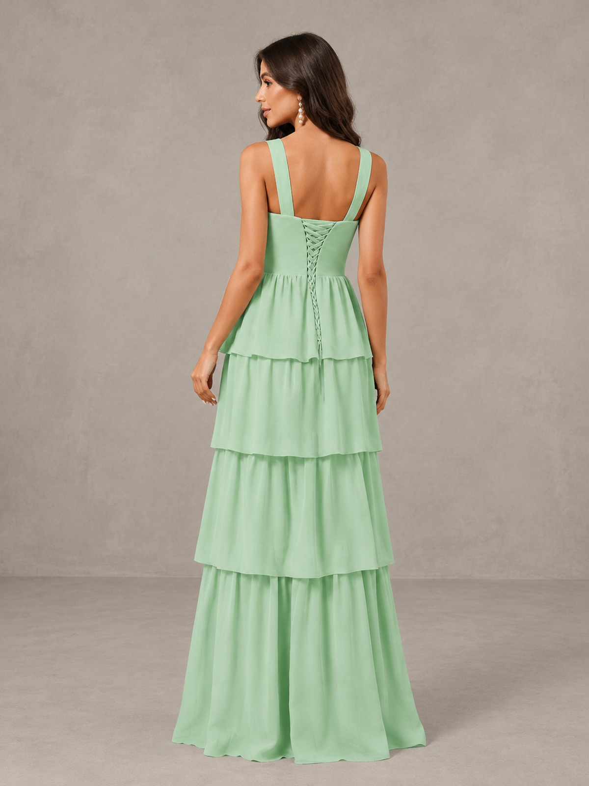 BOLODOO Mint Green Square Neck Tiered Bridesmaid Dress with Slit 