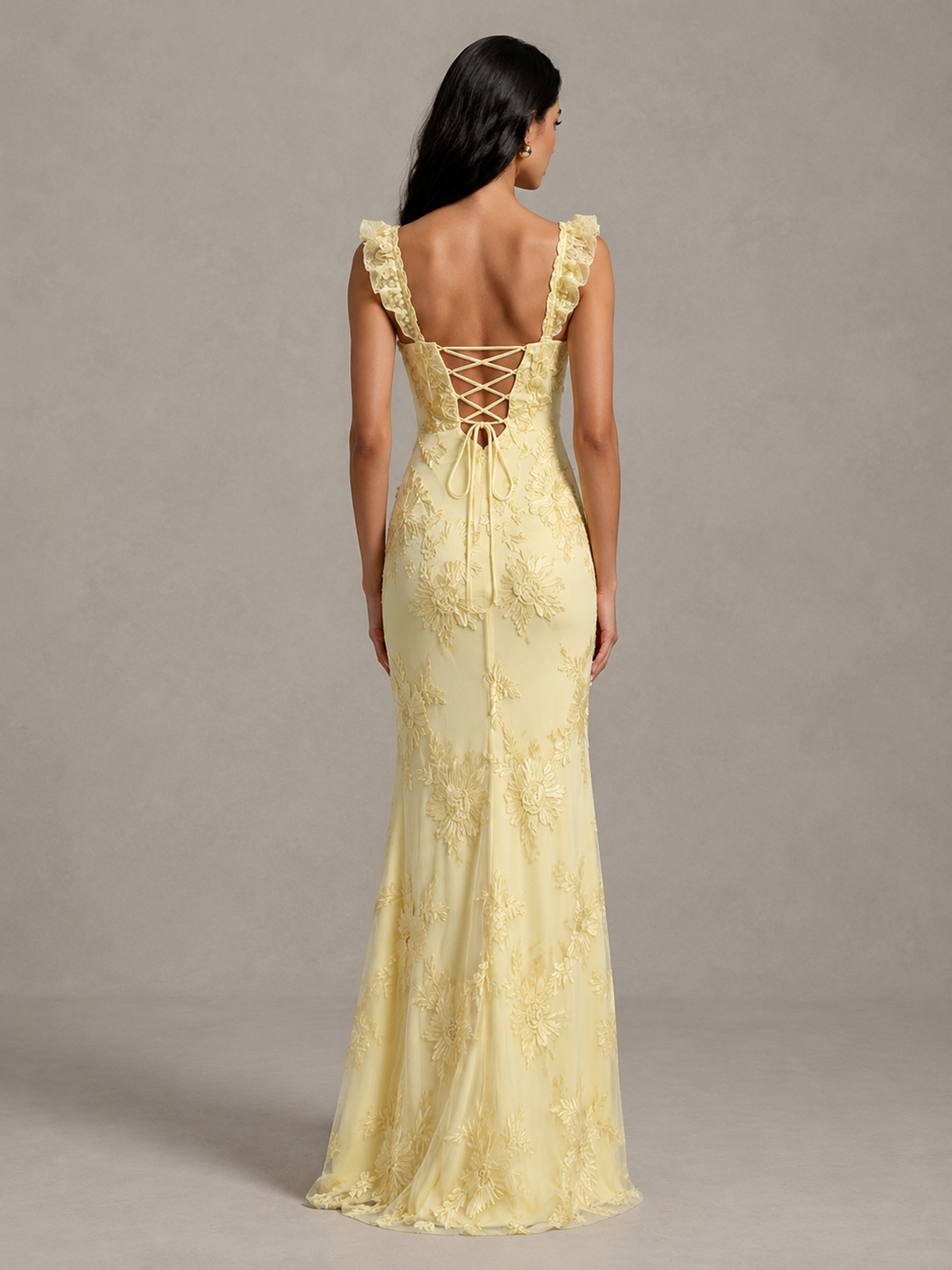 BOLODOO Butter Yellow Floral Lace Corset Prom Dress with High Slit 