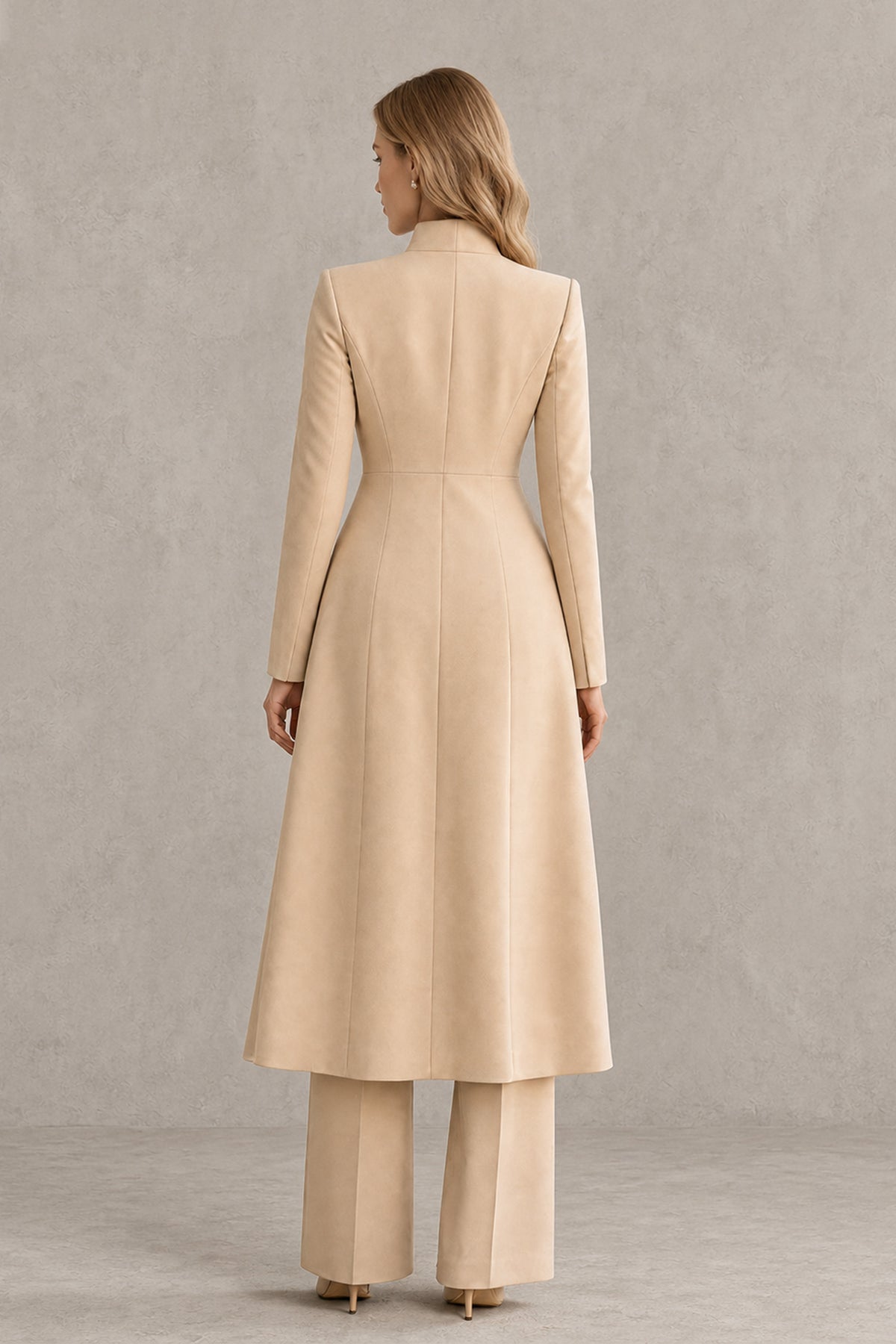 BOLODOO beige longline jacket pantsuit, rear view showing covered back and below-knee jacket