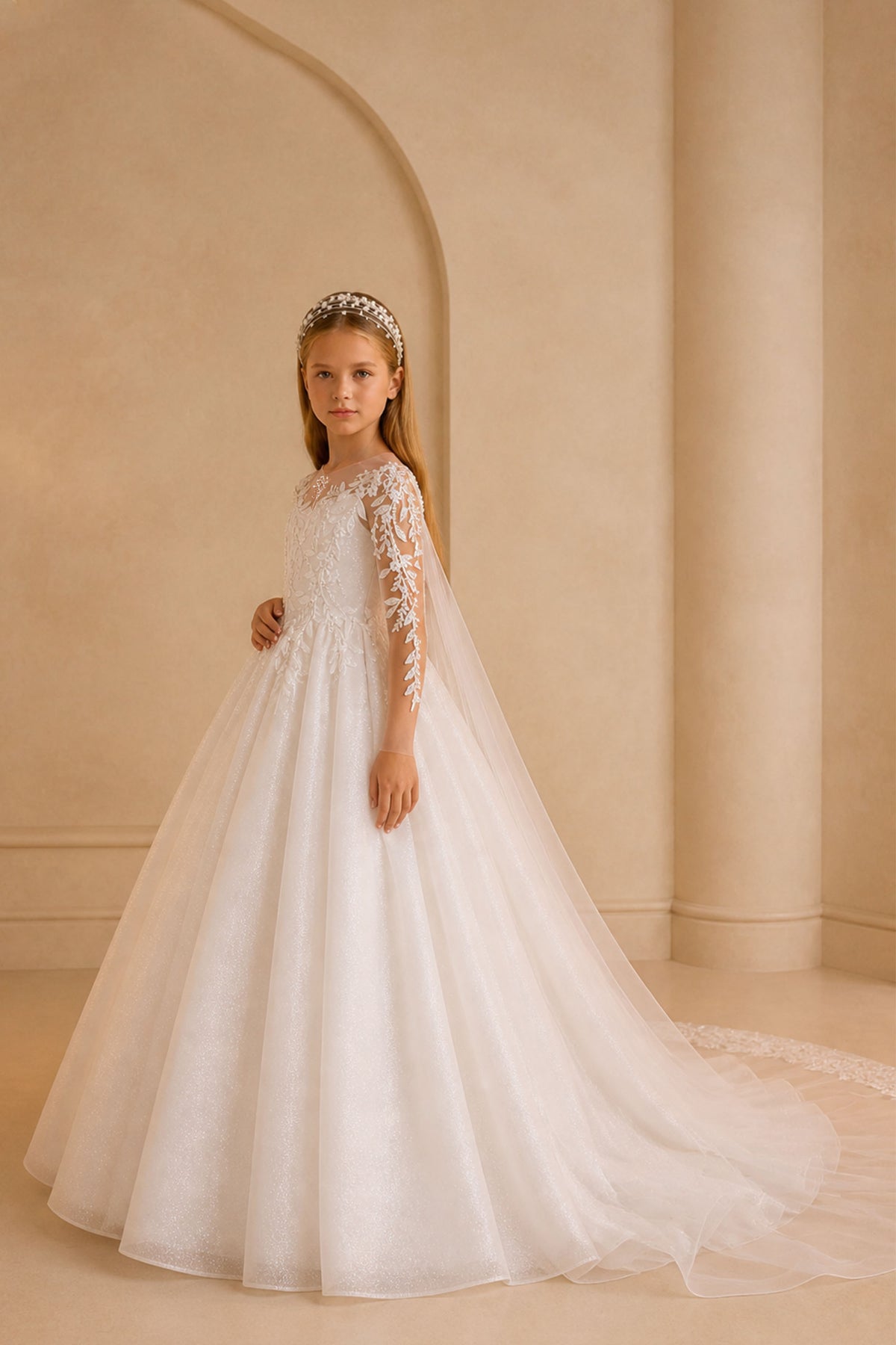 BOLODOO Girls White Illusion Long Sleeve Lace Ball Gown Flower Girl Dress – Leaf Embroidery, Open Back & Cathedral Train 