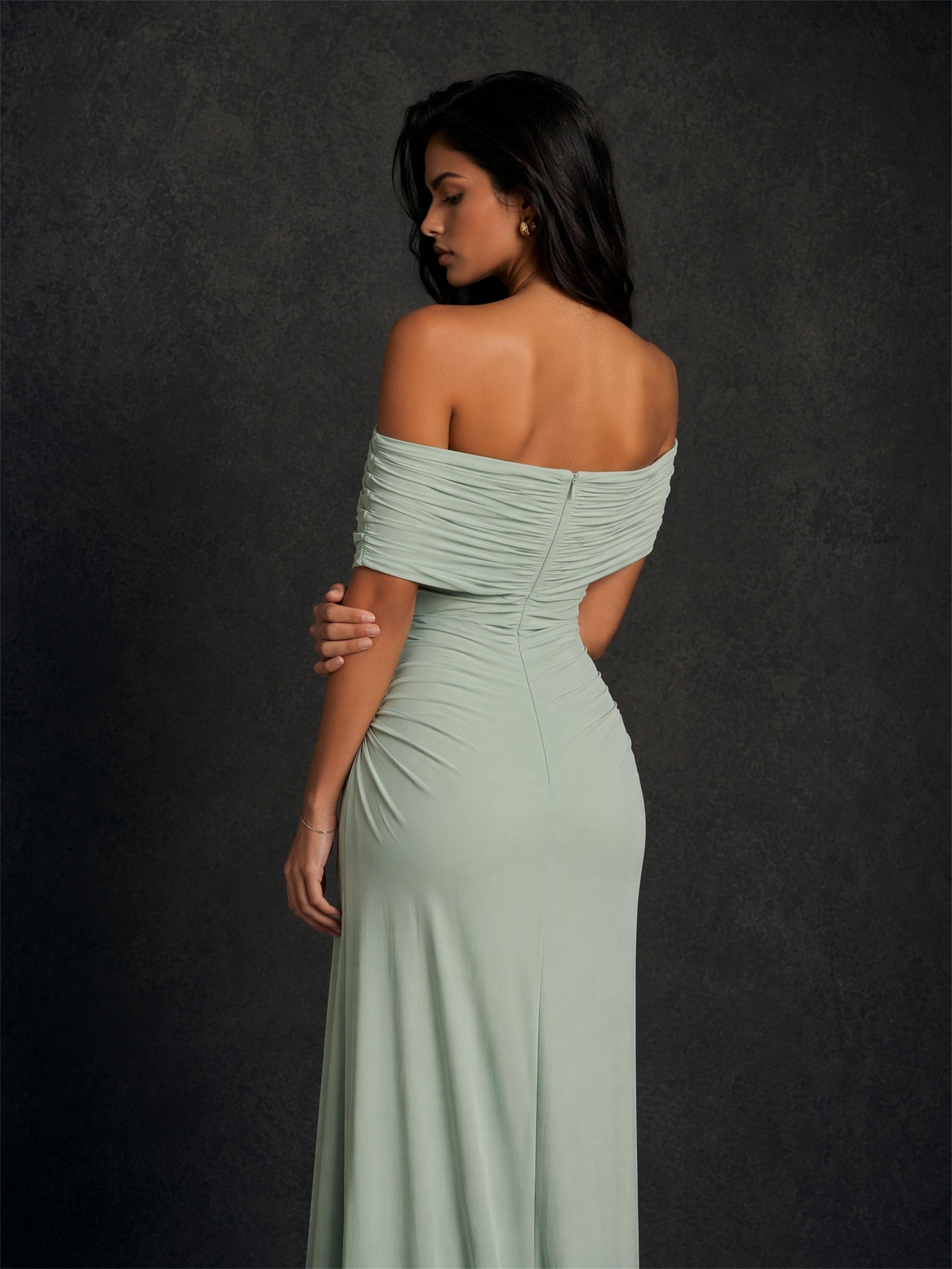 BOLODOO sage green off-shoulder ruched maxi dress - back view showing open back and zip
