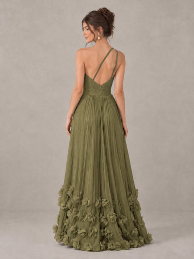 BOLODOO Olive Green One-Shoulder Pleated Bridesmaid Dress with 3D Floral Hem 