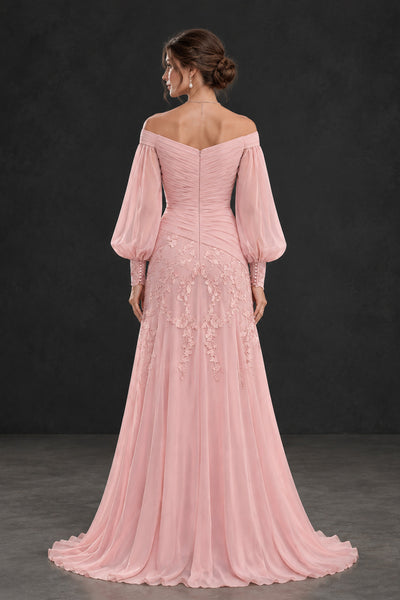 Back view of BOLODOO XX065 blush pink gown showing low V-back, center zipper and sweep train
