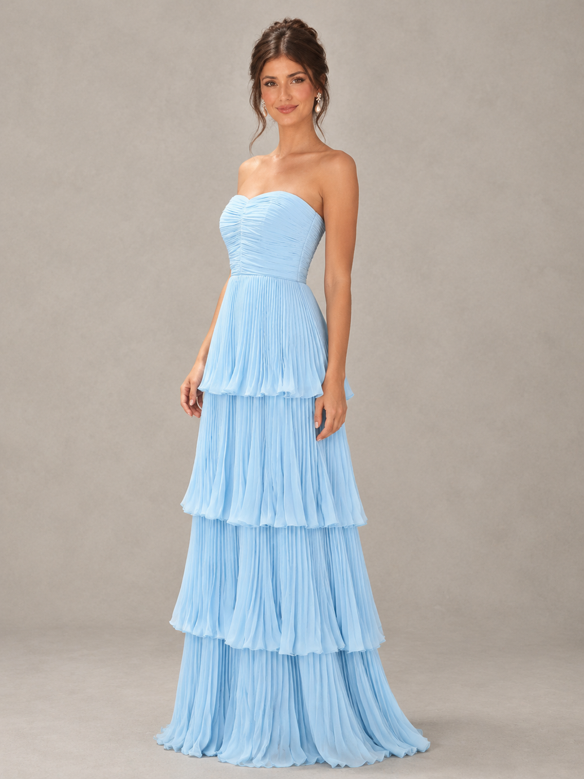BOLODOO Light Blue Strapless Tiered Pleated Bridesmaid Dress 