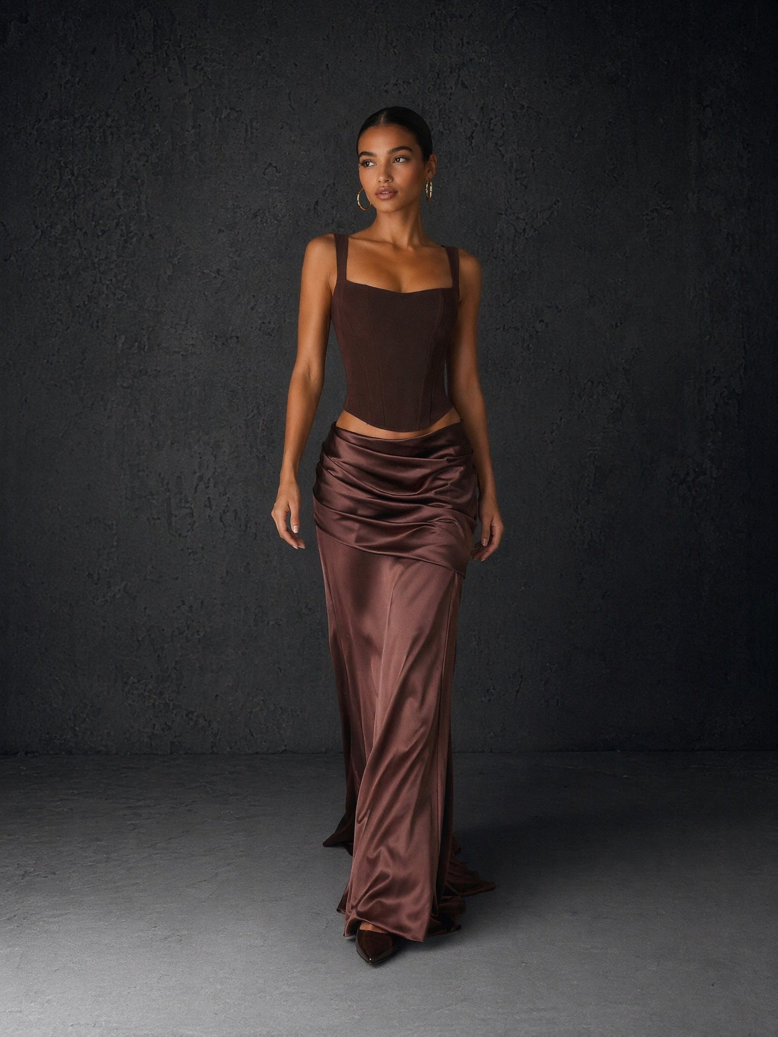 BOLODOO chocolate brown satin mermaid skirt set - side back view showing ruched skirt and floor-sweeping train