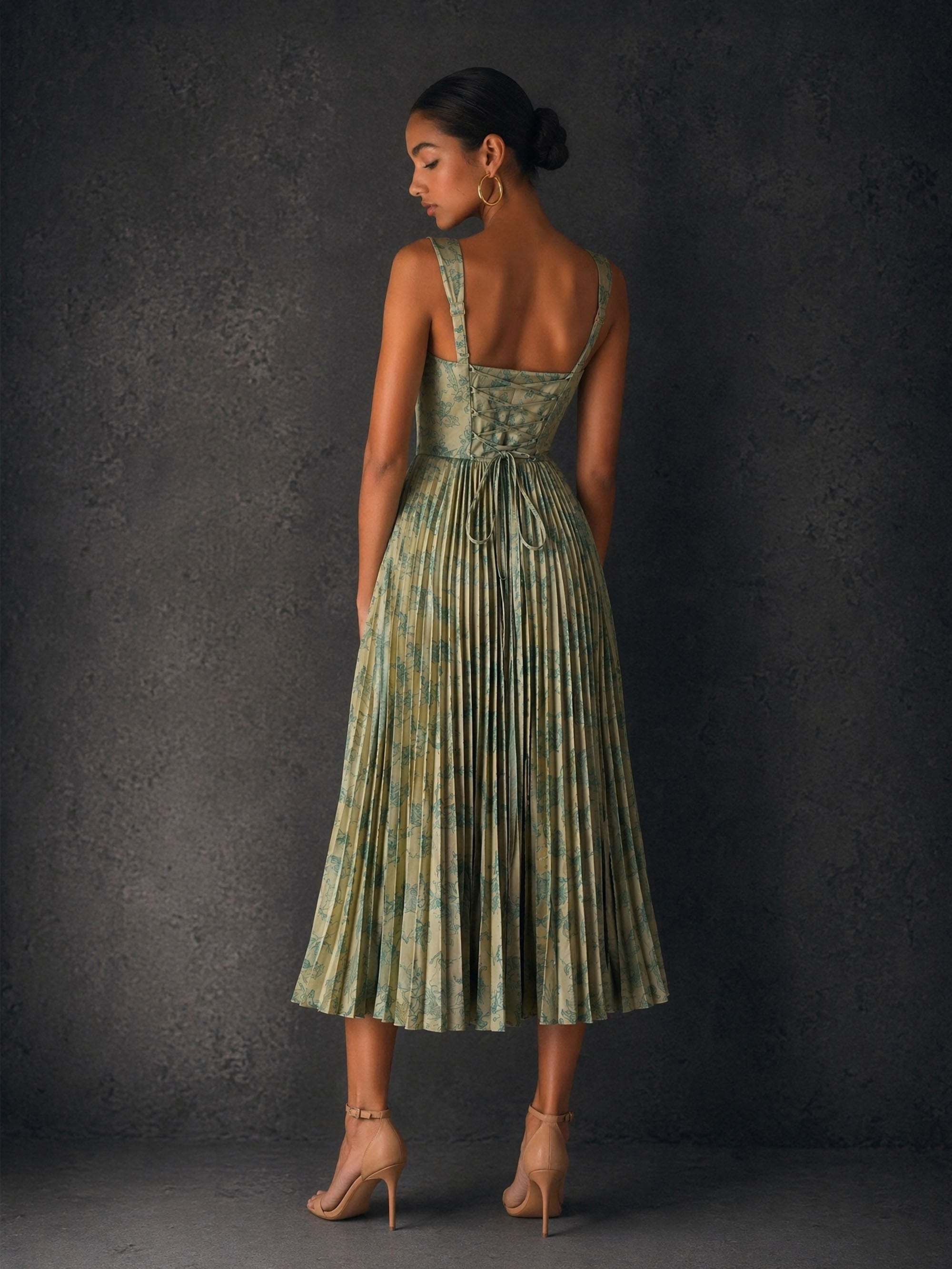 BOLODOO Olive Green Floral Print Corset Accordion Pleated Satin Tea Length Dress - Back View showing Corset Lace-Up Back and Accordion Pleated Skirt