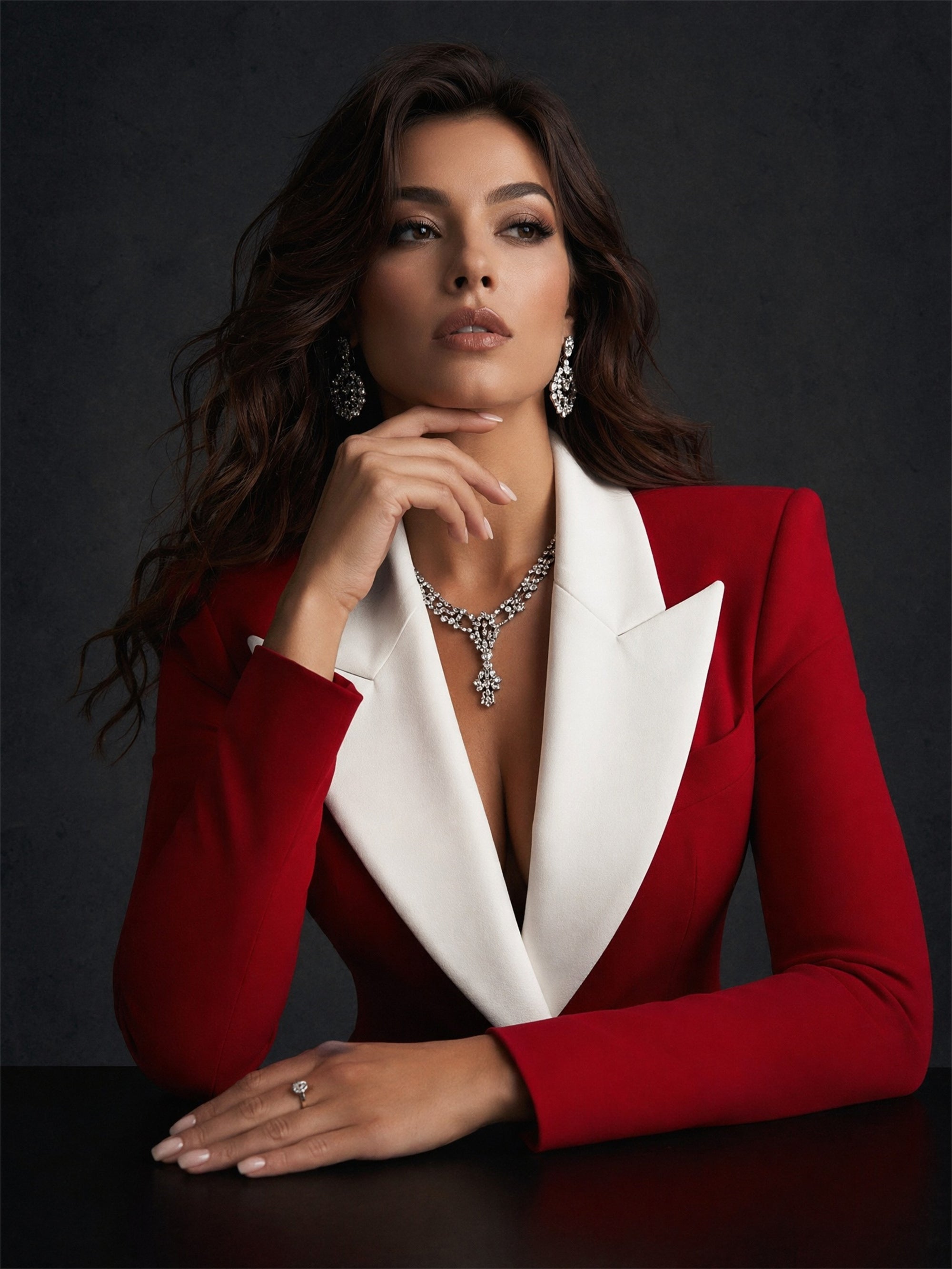 BOLODOO Red White Colorblock Peak Lapel Fitted Blazer Flare Pants Suit - Front Upper Body Seated Close-up Lapel Detail