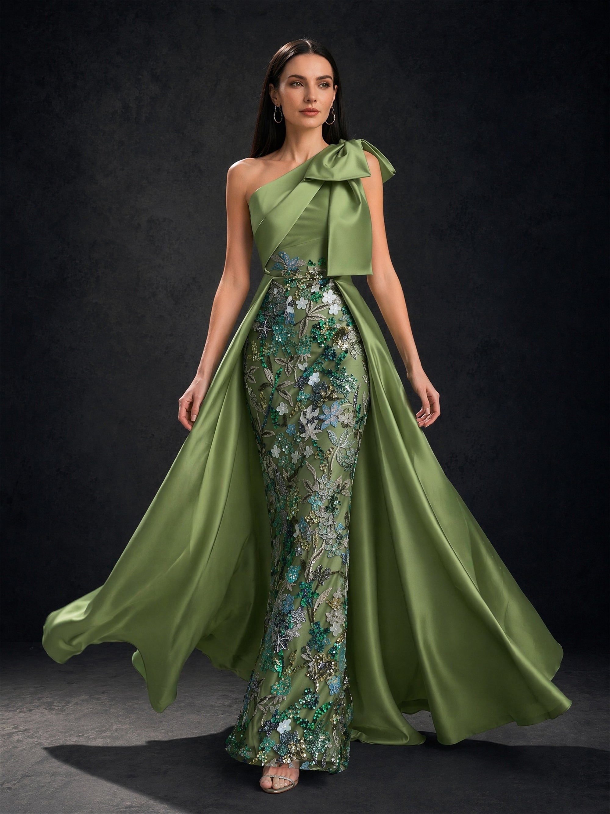 BOLODOO Olive Green One-Shoulder Bow Sequin Mermaid Dress – Three-Quarter View with Train