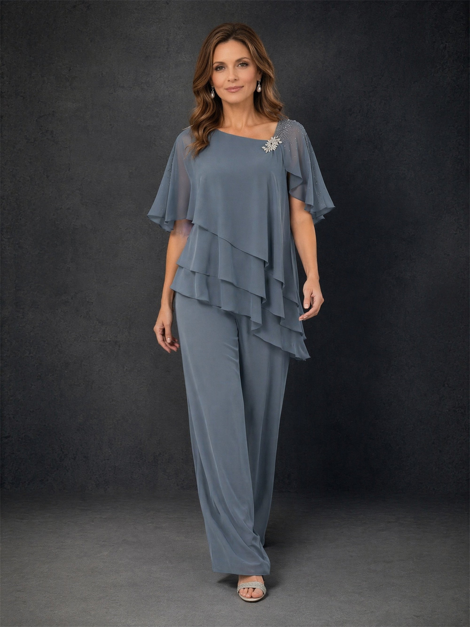 BOLODOO steel blue chiffon tiered flutter sleeve pant suit - back view showing covered back and tiered chiffon layers