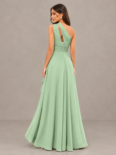 BOLODOO Sage Green One-Shoulder Ruffle Bridesmaid Dress with Slit 