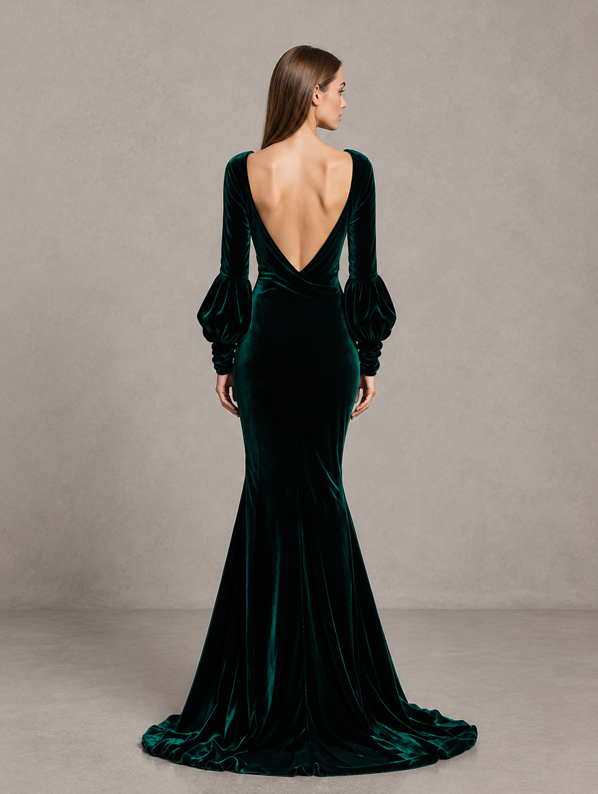 Back view of BOLODOO XCD025 emerald green evening gown with deep V open back and trailing train