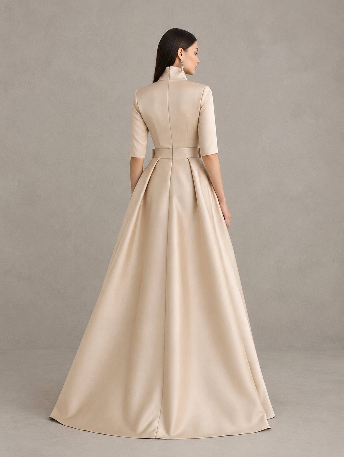 BOLODOO Champagne Stand Collar Bow Waist Floral Embroidered Evening Gown 