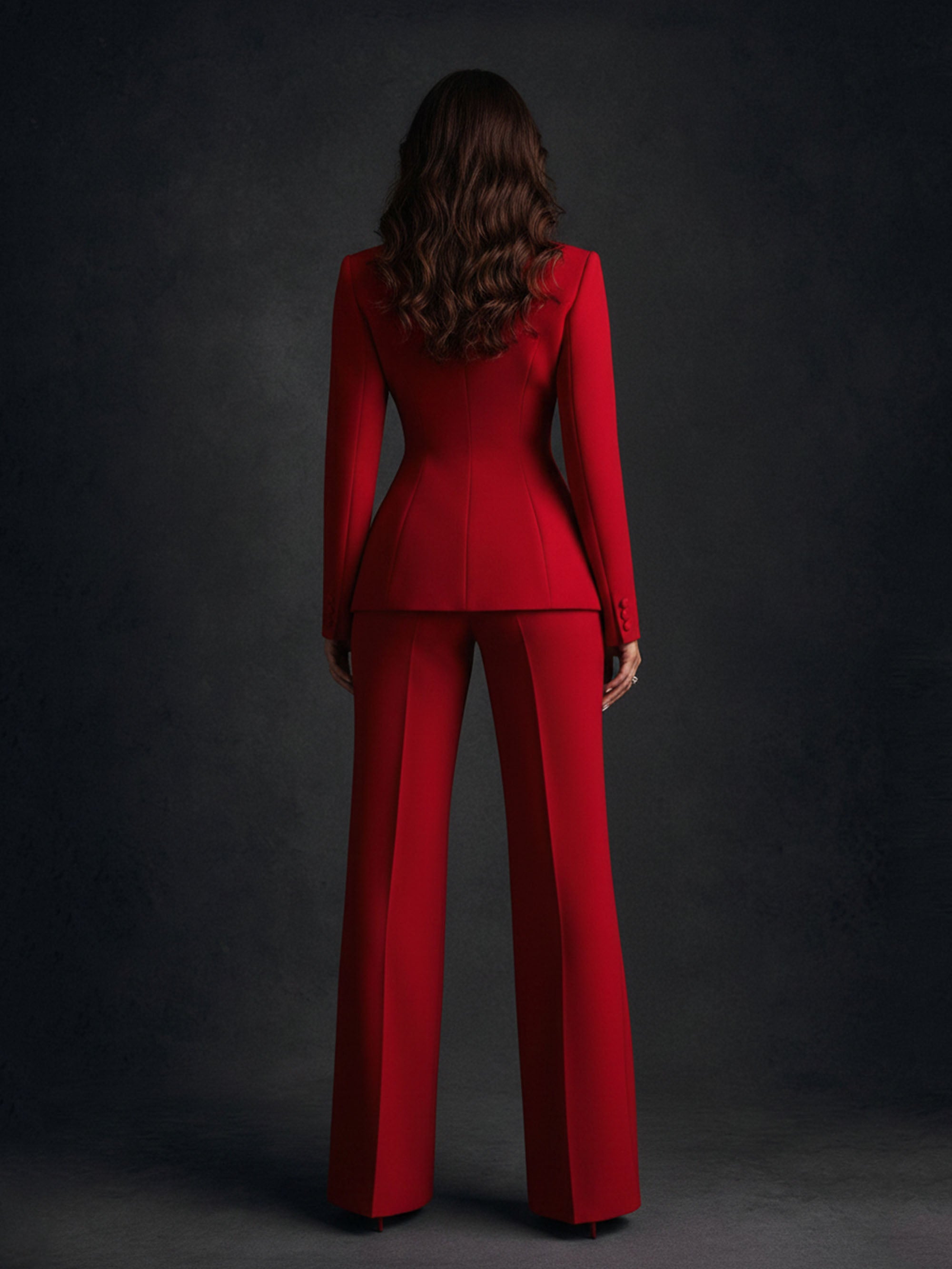 BOLODOO Red White Colorblock Peak Lapel Fitted Blazer Flare Pants Suit - Back Full Length View Showing Fitted Waist