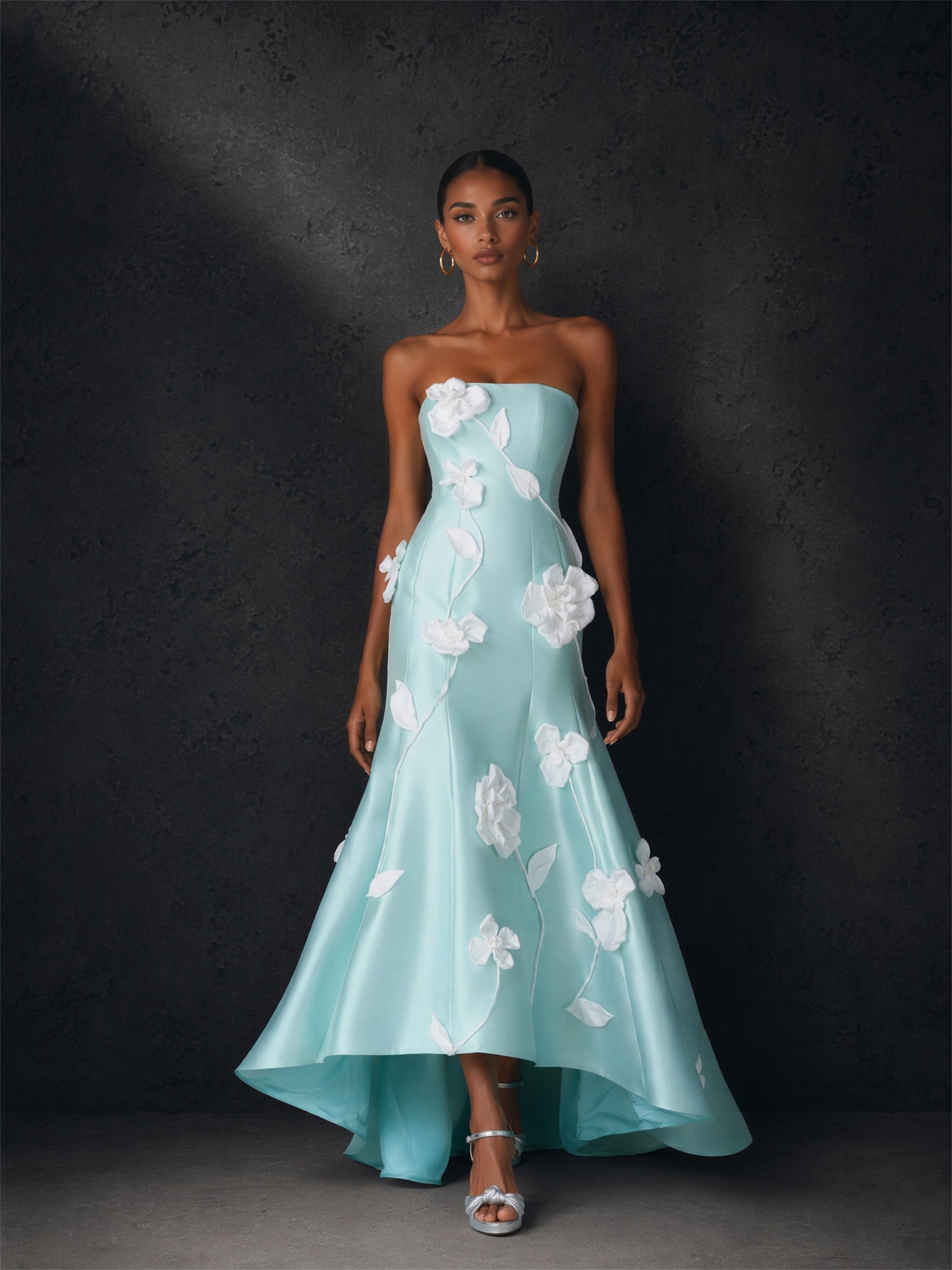 BOLODOO mint green 3D floral gown - front view showing mermaid silhouette and hi-low hemline