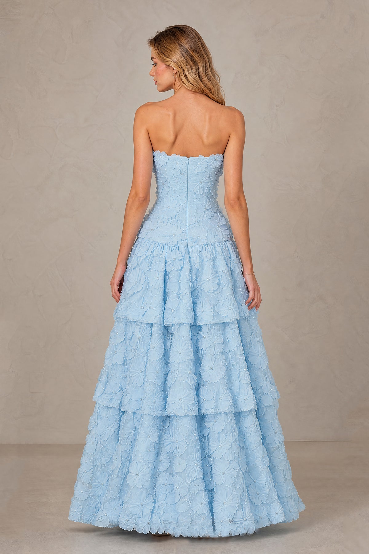 BOLODOO light blue strapless floral tiered evening gown back view with zipper
