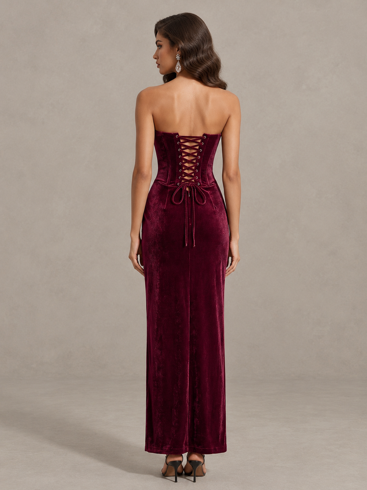 BOLODOO Burgundy Strapless Velvet Cocktail Maxi Dress 