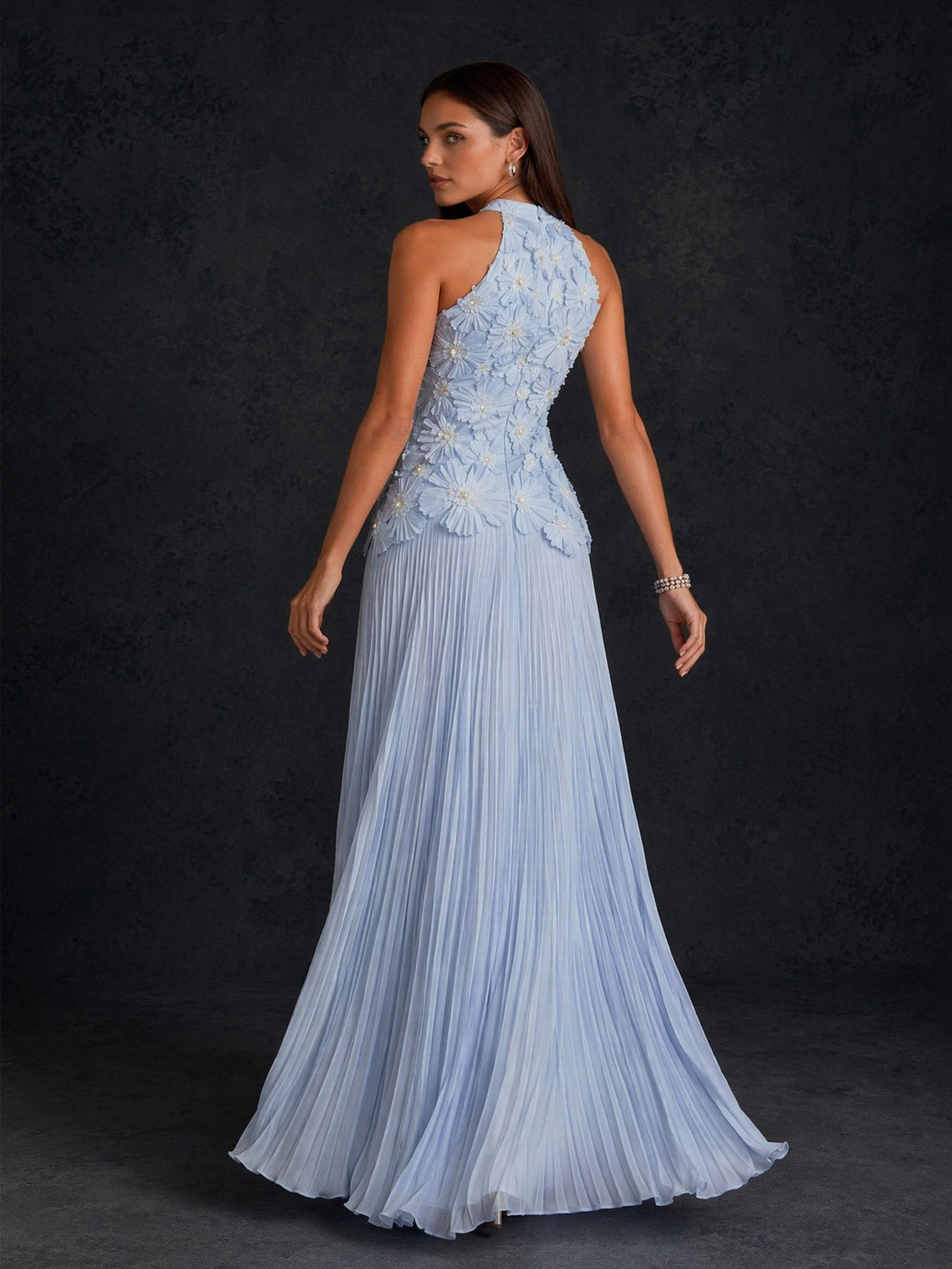 BOLODOO Sky Blue 3D Floral Halter Neck Pleated Maxi Dress - Front View with Flowing Skirt