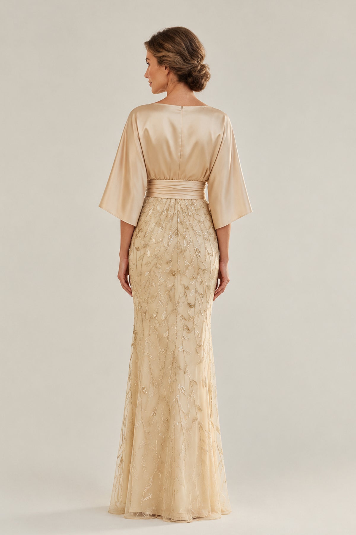 BOLODOO champagne gold mother of the bride dress front view with kimono sleeves and sequin mermaid skirt