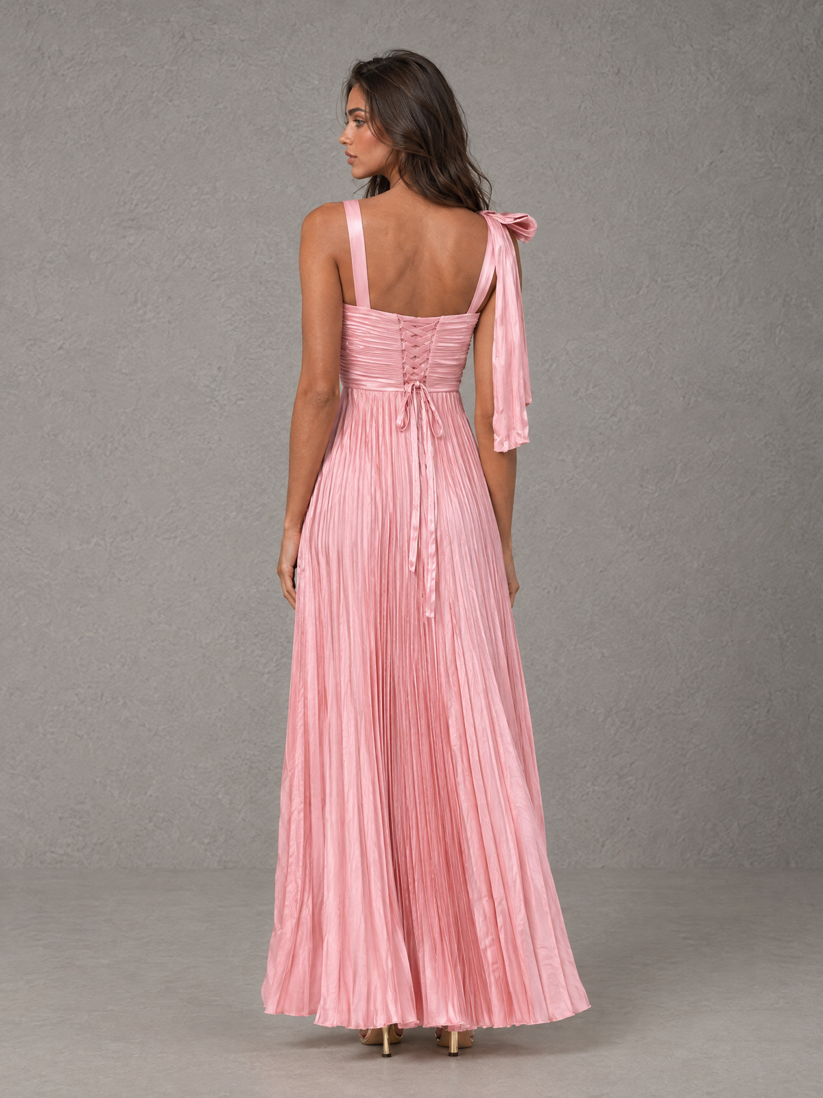 BOLODOO Pink Pleated Bow-Strap Bridesmaid Maxi Dress 