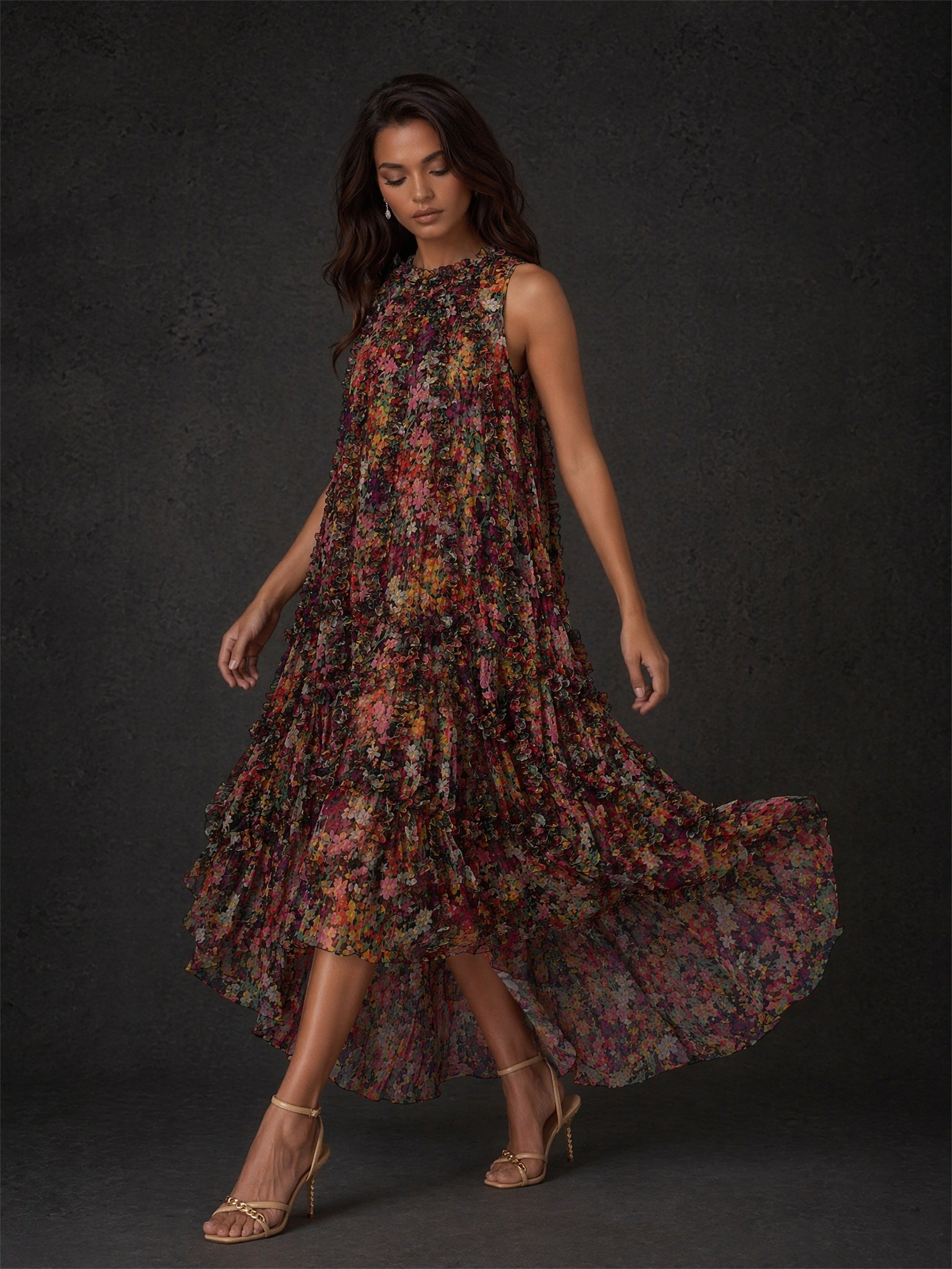 BOLODOO burgundy floral crinkle chiffon maxi dress - front close-up showing ruched mock neck and autumnal floral print detail