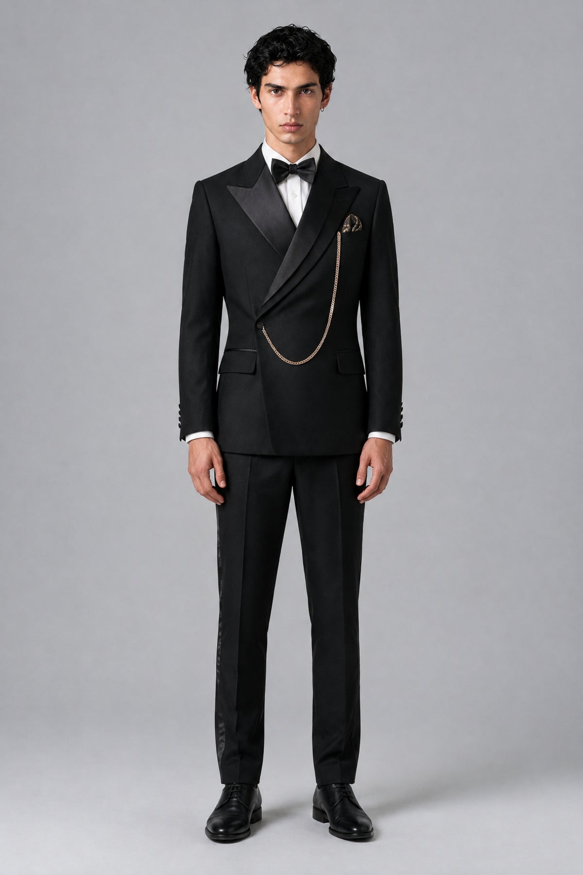 Bolodoo FQ1009 men's black two-piece tuxedo suit, front full-length view of jacket and trousers