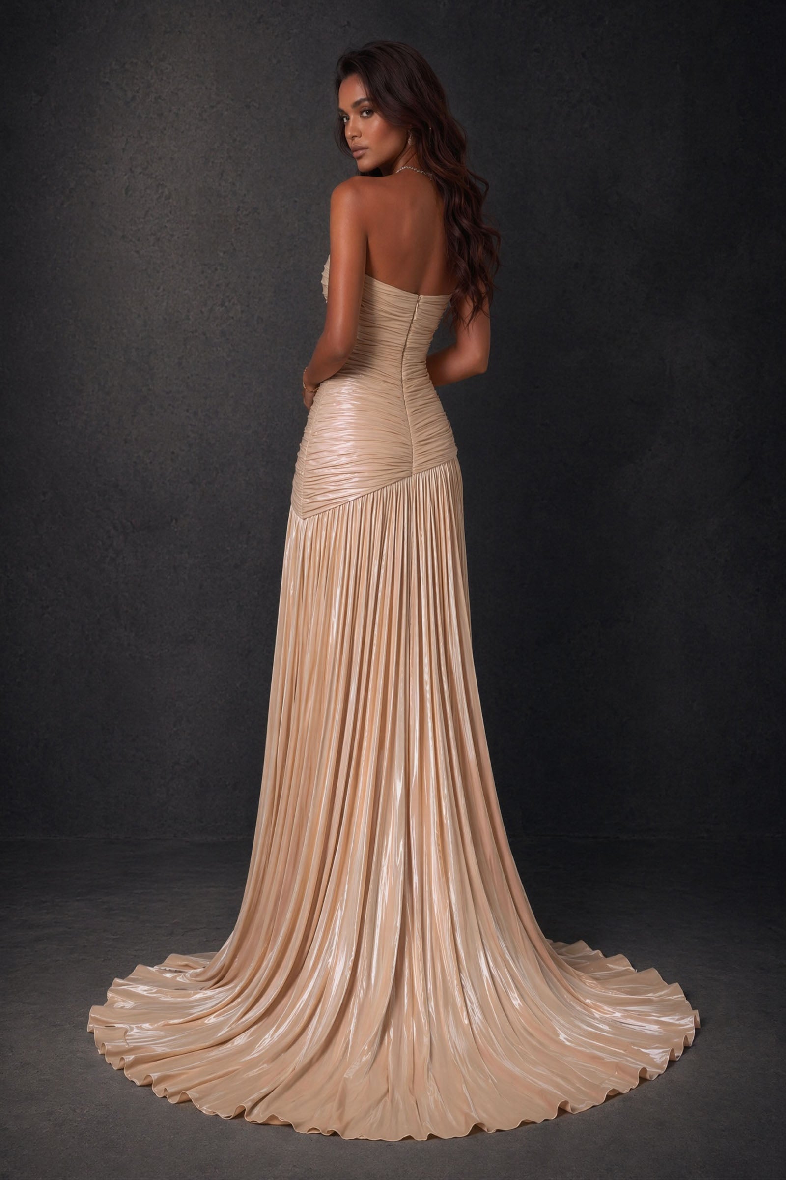 BOLODOO champagne gold metallic ruched strapless pleated A-line backless maxi dress - back view showing open back and train