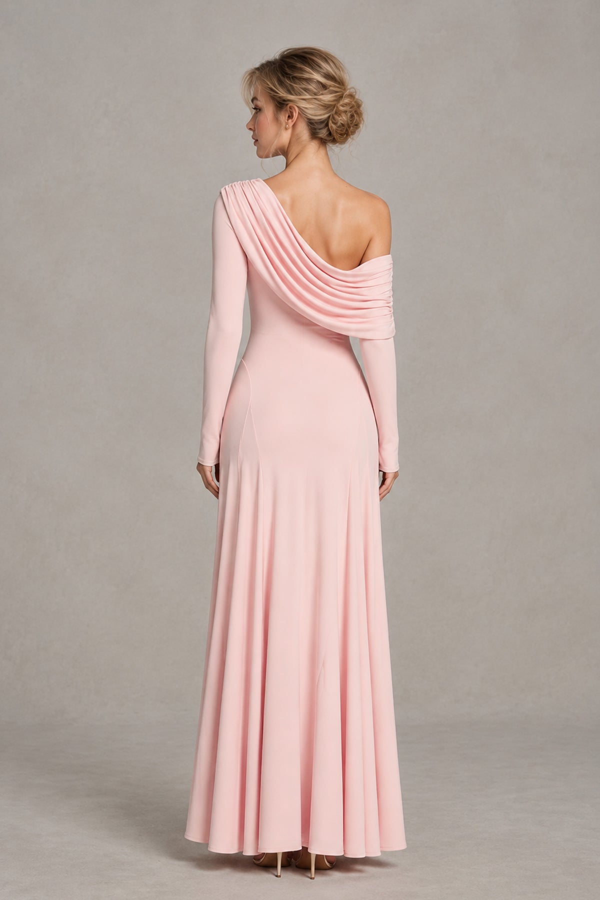 BOLODOO blush pink long sleeve evening gown with draped open upper back, rear view