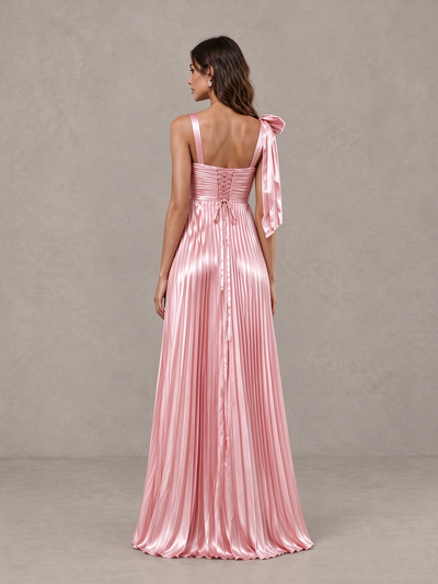 BOLODOO Pink Pleated Bow-Strap Bridesmaid Maxi Dress 