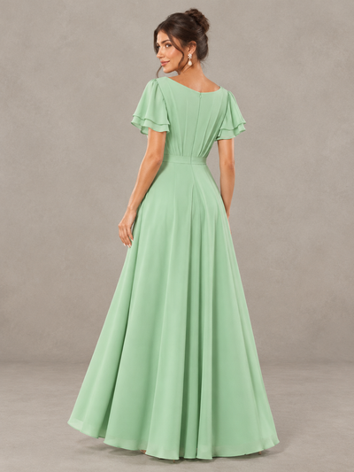 BOLODOO Sage Green Flutter Sleeve Ruffle Bridesmaid Dress with Slit 