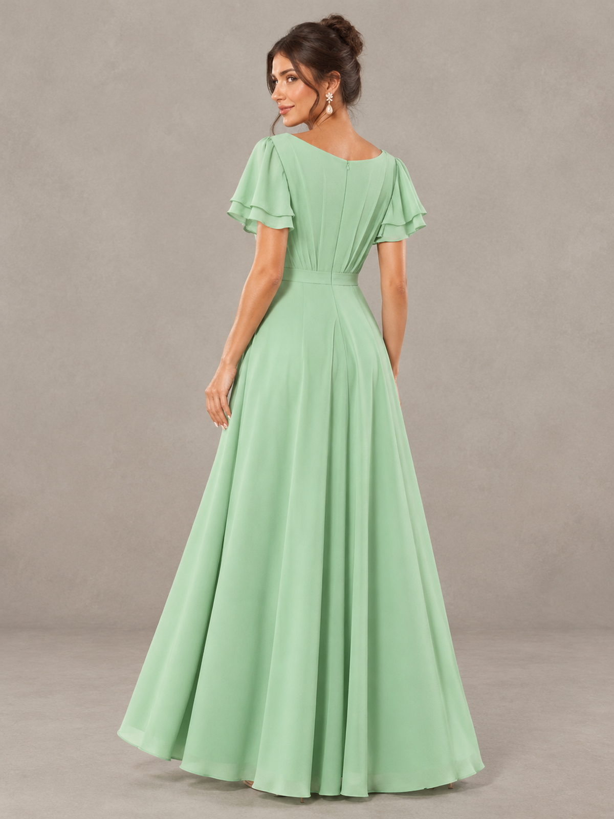 BOLODOO Sage Green Flutter Sleeve Ruffle Bridesmaid Dress with Slit 