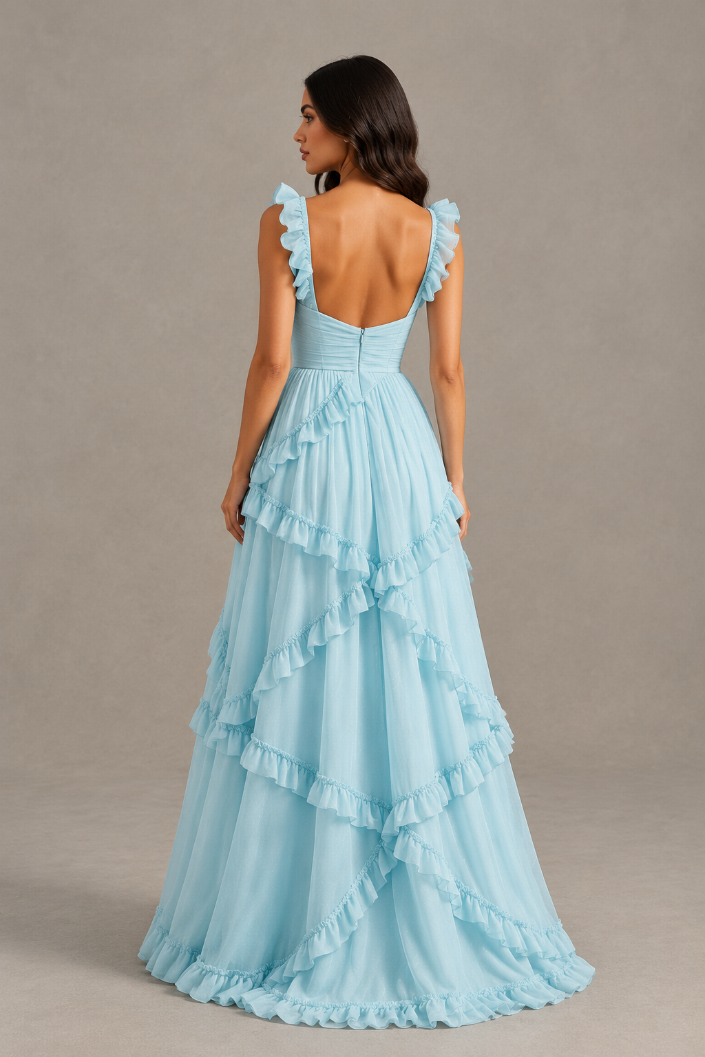 BOLODOO Light Blue Ruffle A-Line Prom Dress with Open Back 