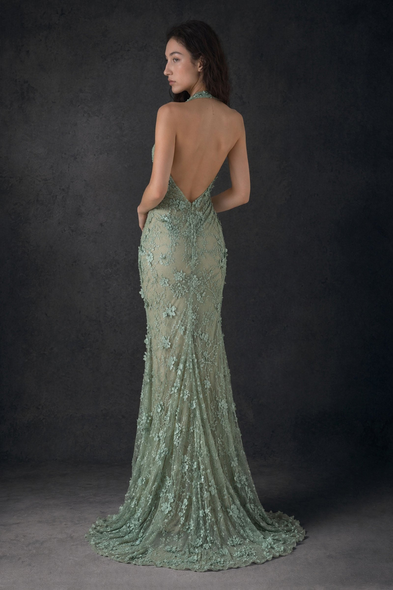 BOLODOO sage green 3D floral embroidered lace halter deep V-neck mermaid backless slit maxi dress - front full length view