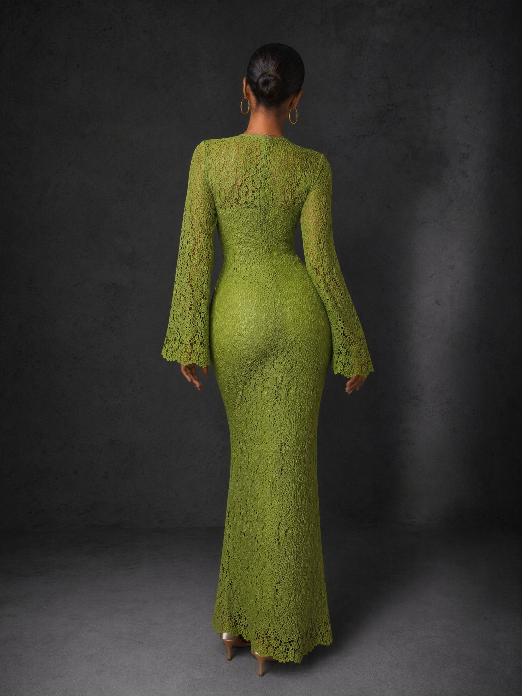 BOLODOO olive green lace mermaid maxi dress - back view
