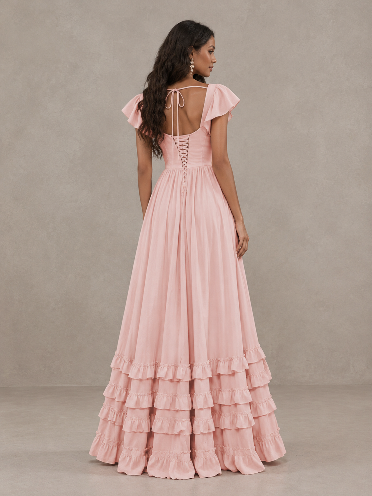BOLODOO Blush Pink Flutter Sleeve Ruffle Bridesmaid Dress with Slit 