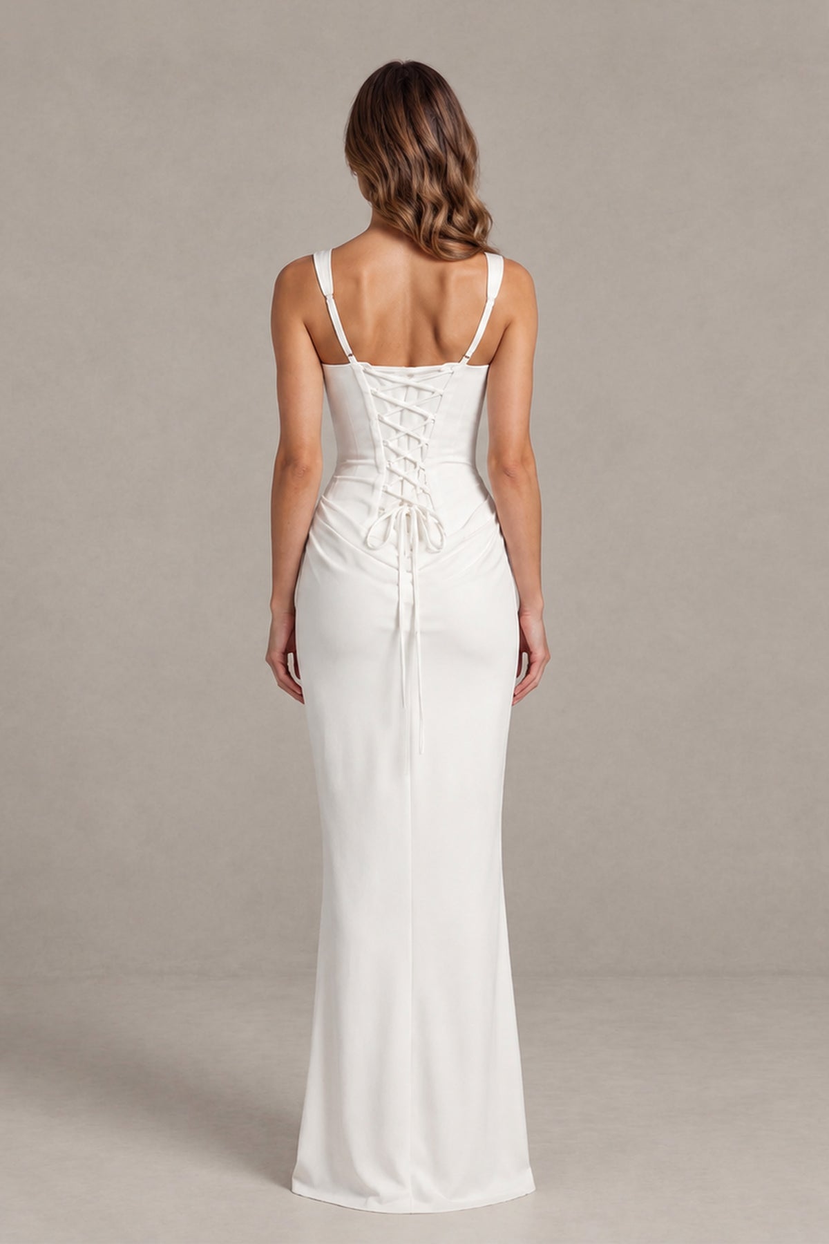 BOLODOO white square-neck floor-length bridal gown, full front view