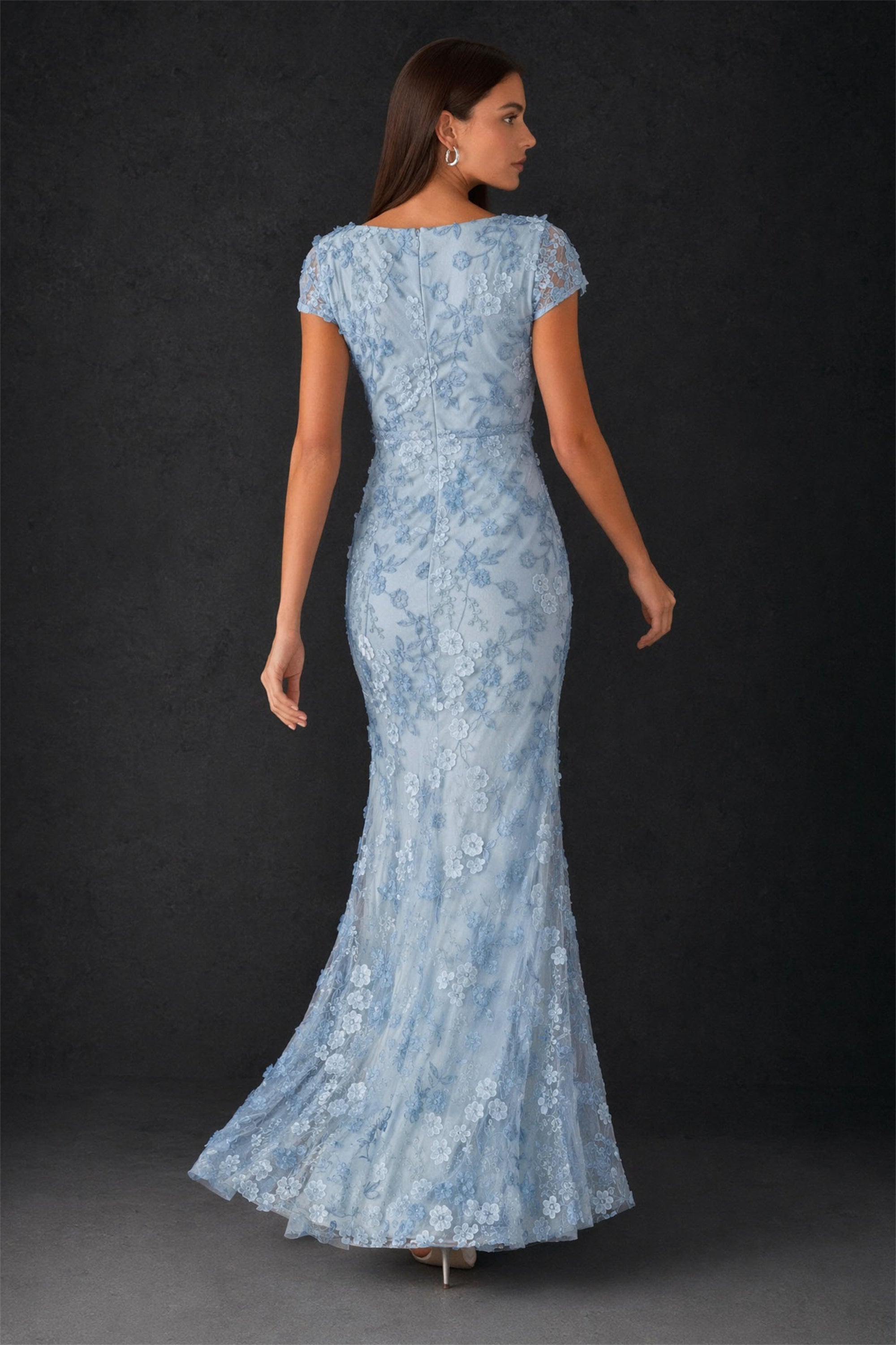 BOLODOO dusty blue 3D floral embroidered lace cap sleeve bateau neck mermaid maxi dress - back full length view showing covered back