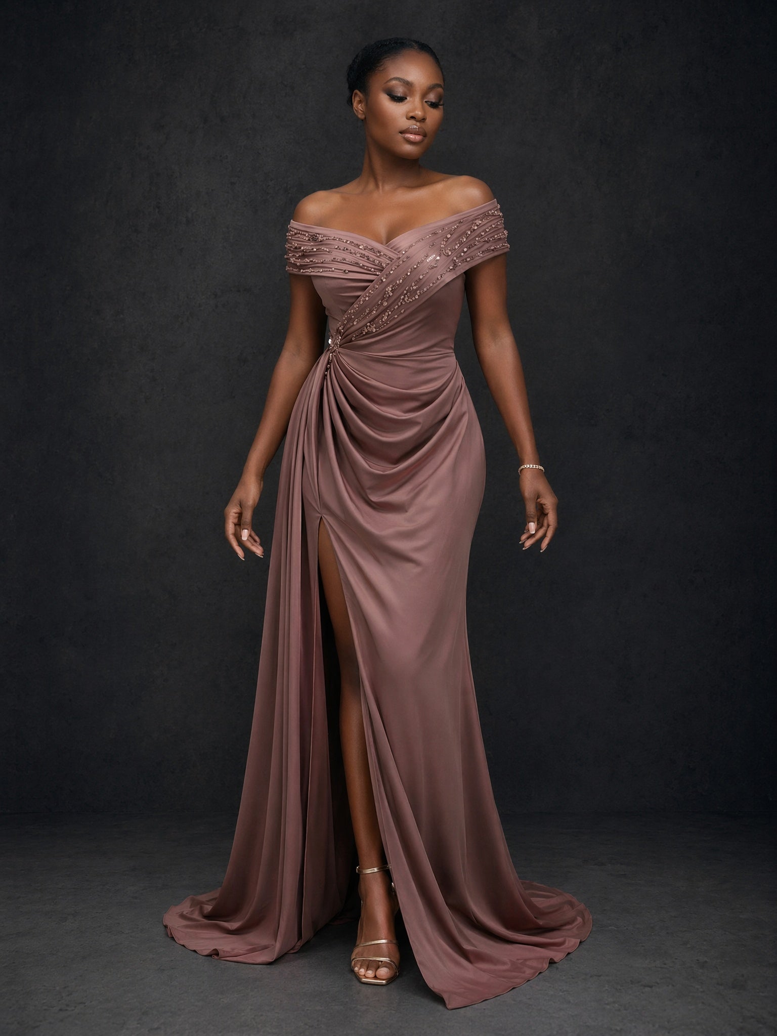 BOLODOO mocha brown beaded off-shoulder draped slit maxi dress - back view