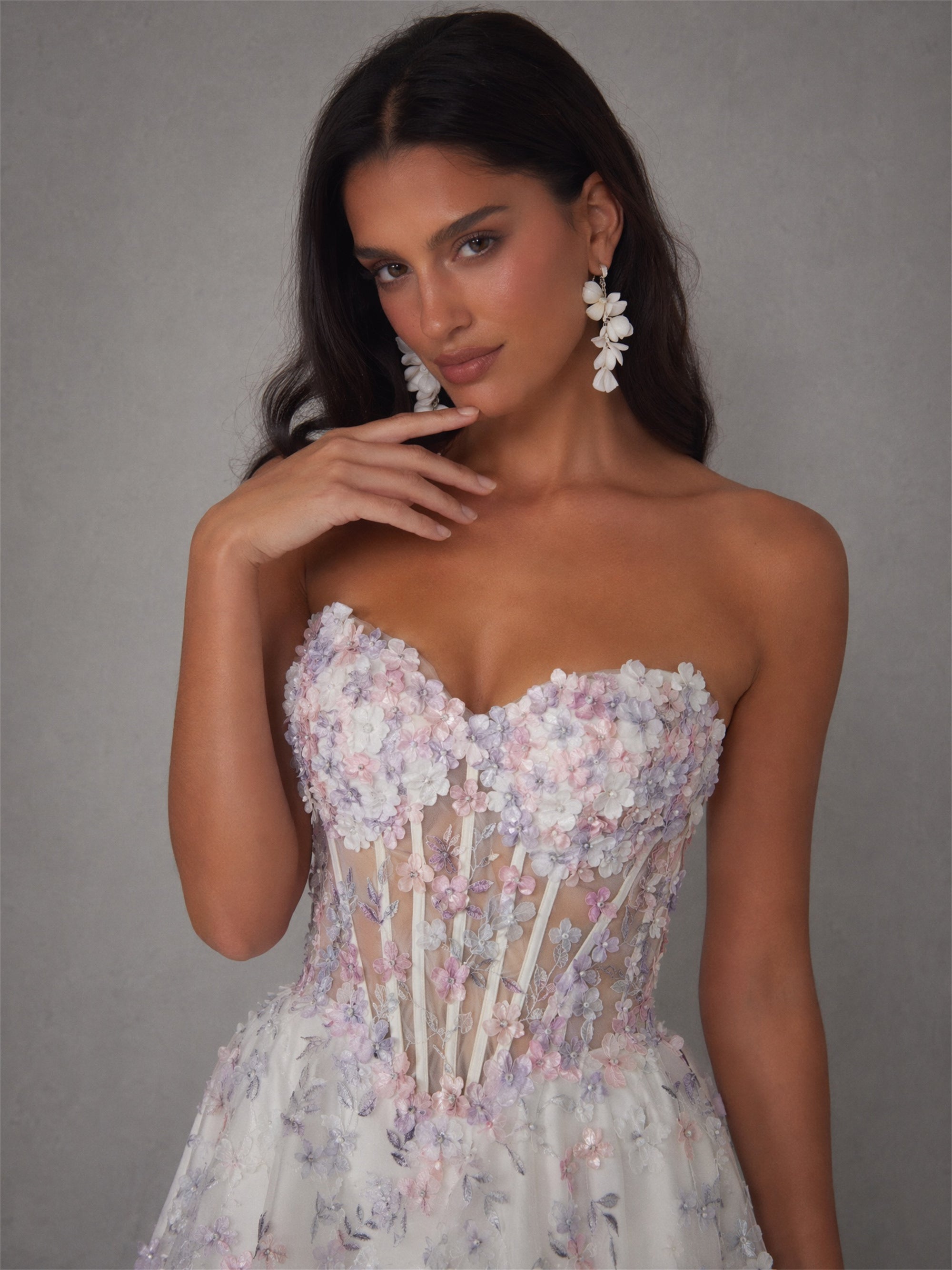 BOLODOO white lavender 3D floral boned corset mini dress - front full length with heels direct gaze showing complete A-line silhouette