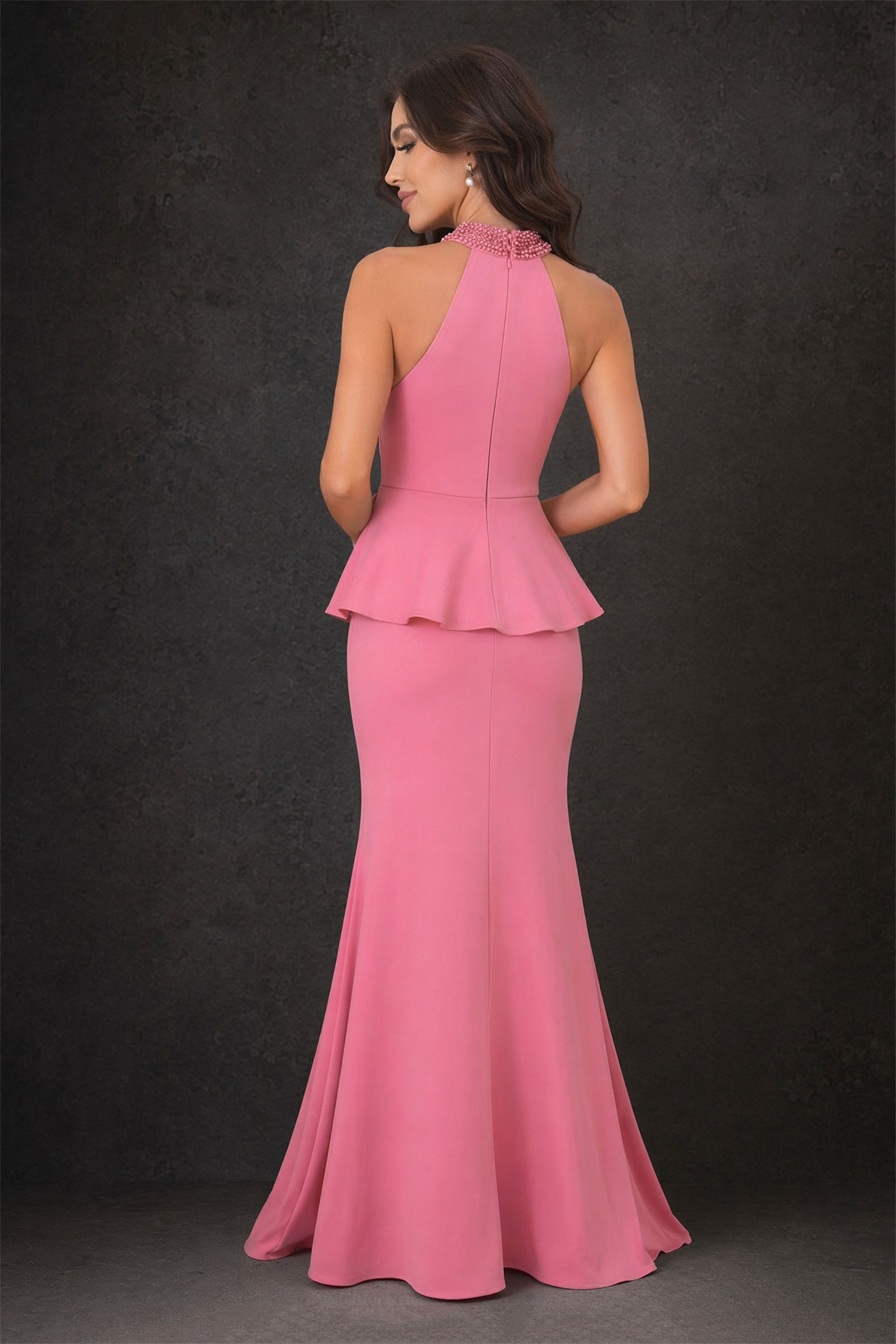 BOLODOO rose pink pearl beaded halter 3D floral peplum mermaid backless maxi dress - front full length view
