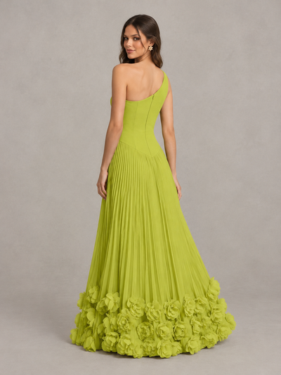 BOLODOO Chartreuse One Shoulder Pleated Bridesmaid Dress with 3D Floral Hem and High Slit 
